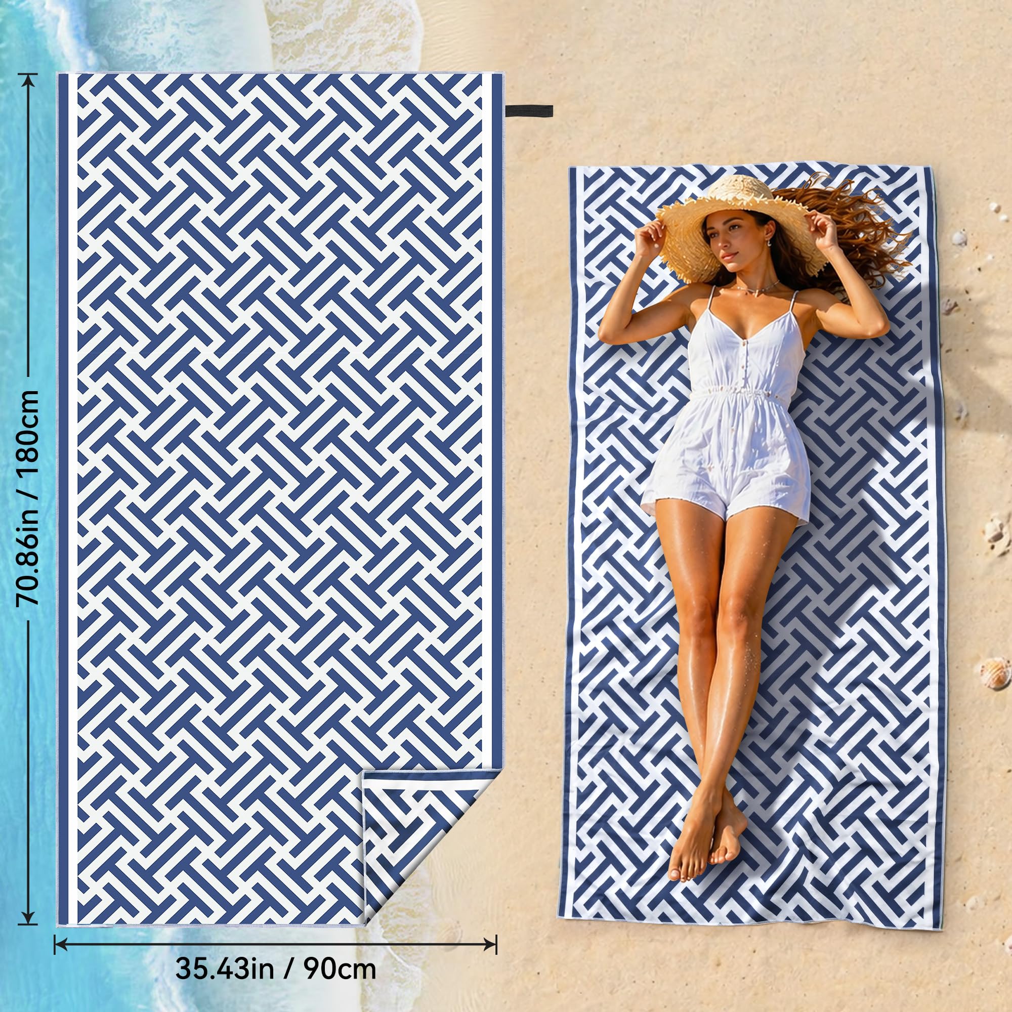 Toalla Playa XXL 90×180 cm Microfibra Secado Rápido Sin Arena Manta Playa Mujer Azul