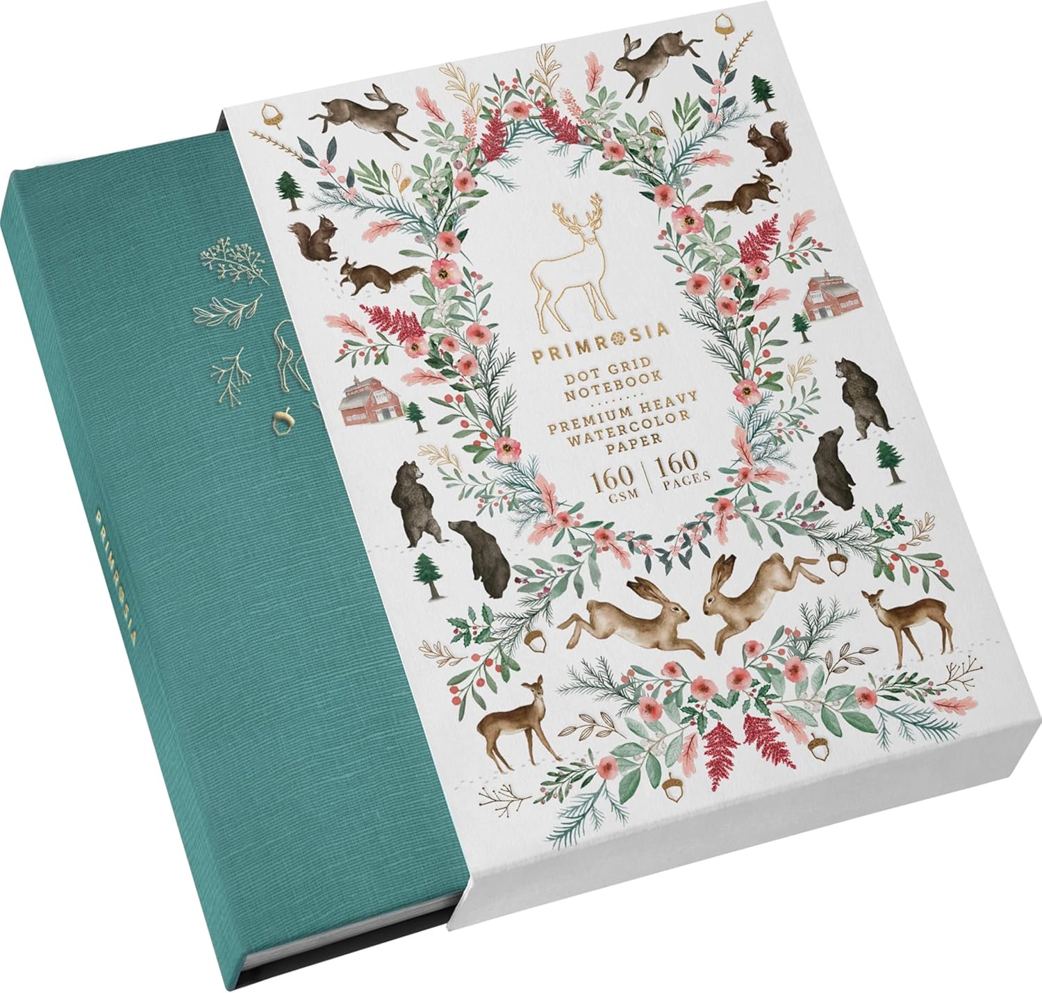 Primrosia A5 Dot Grid Watercolor Journal Notebook – 160 pages I 160gsm Premium Heavy Paper, No Bleed – Luxe Linen Hard Cover with Cute Deer Slip Cover (Teal Deer, 1)