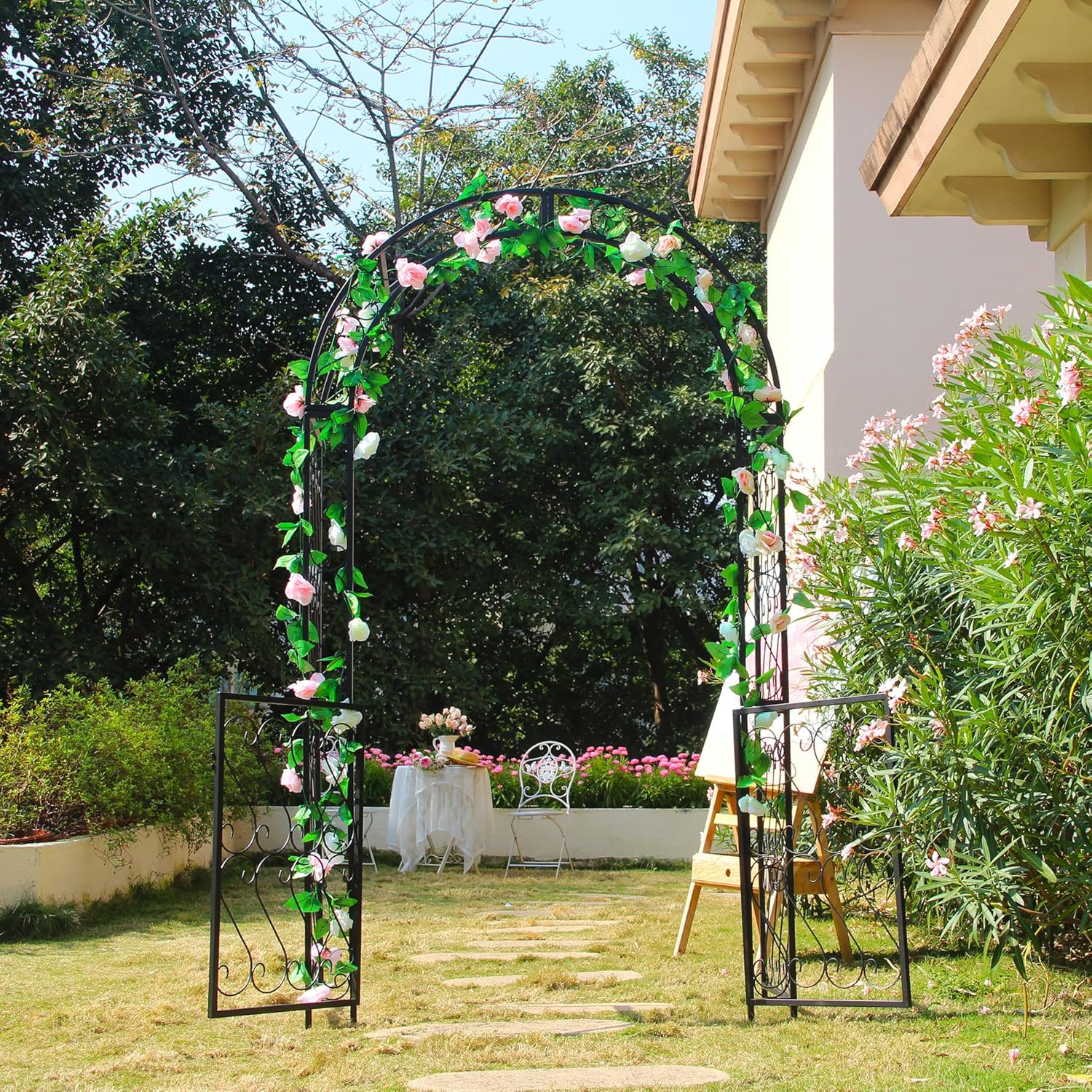 Heavy-Duty Arbor with Gate 48.8" W x 83.5" H, Iron Arch Trellis Arbor Archway for Climbing Plants Roses Vines Support Rack, Outdoor Lawn Backyard Patio Wedding Party Ceremony Decoration