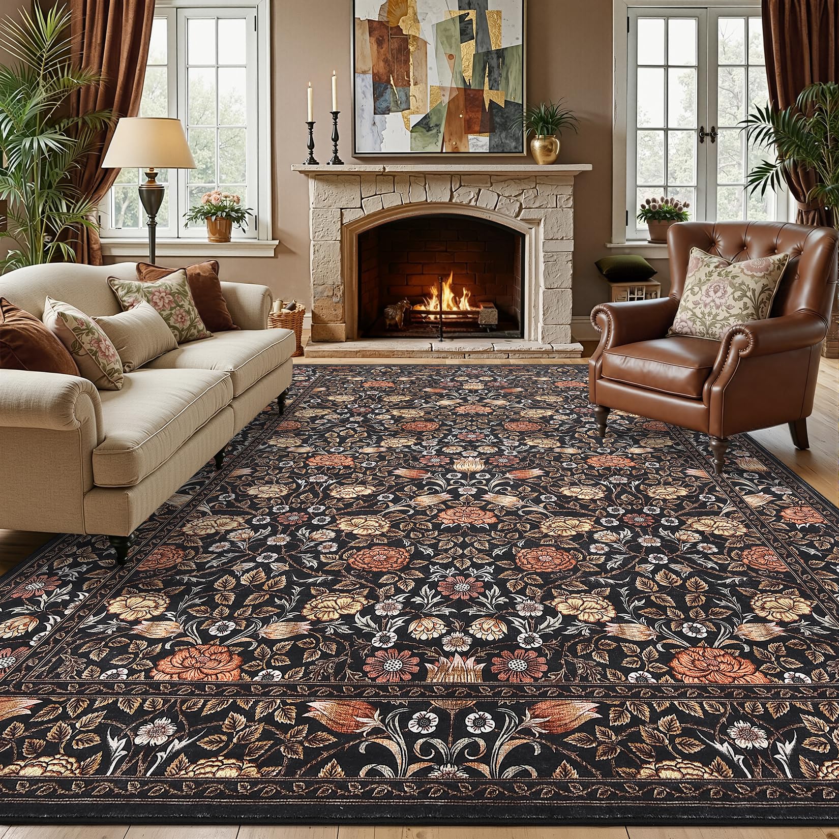 GarveeHome Brown Black Washable 8x10 Area Rugs for Living Room Vintage Floral Boho Botanical Retro Rug Low Pile Stain Resistance Non Slip Carpet for