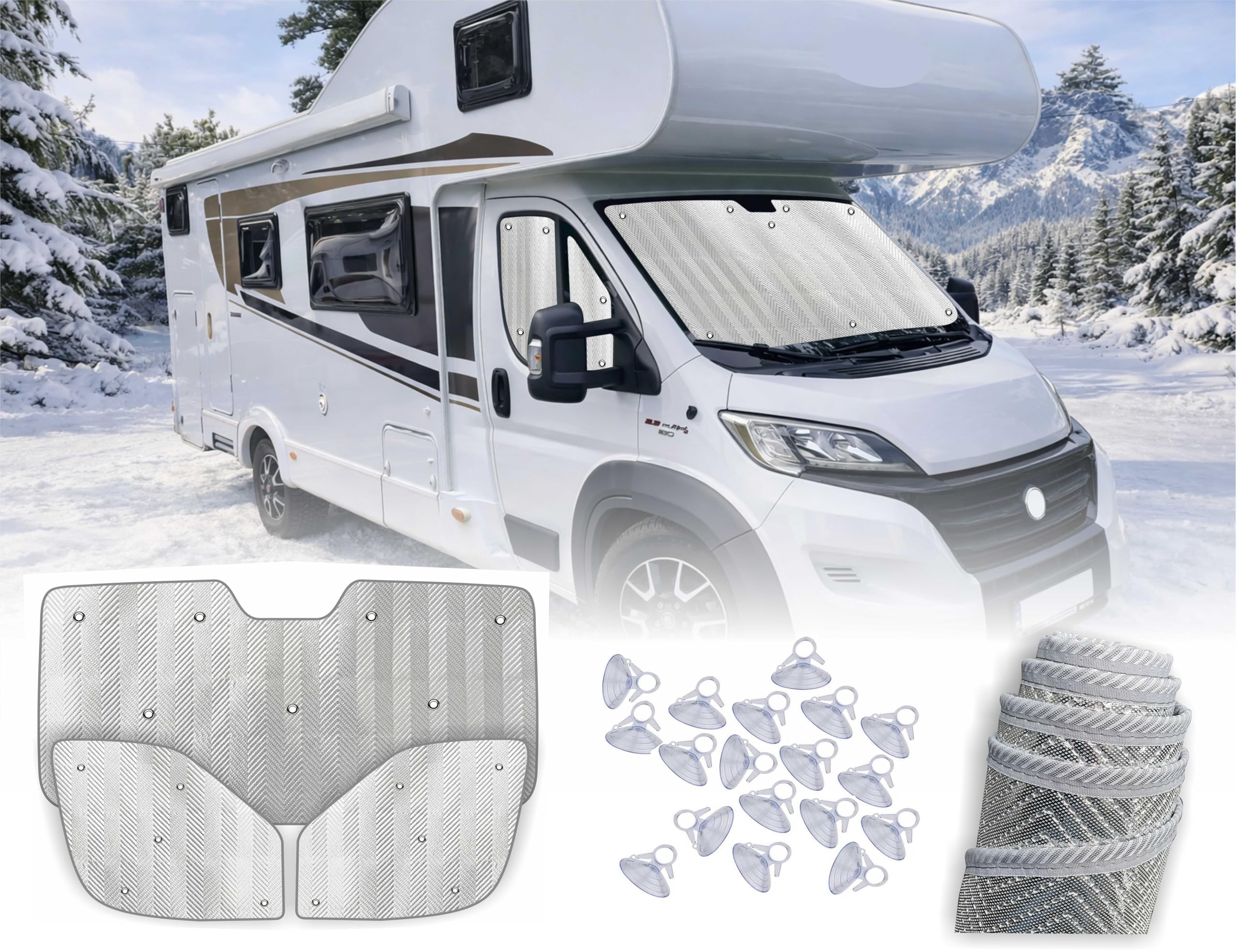 MJS Set di coperture termiche interne per parabrezza e finestrini compatibili con Fiat Ducato Citroen Jumper Peugeot Boxer 2006-2026 (3 pezzi) parabrezza termico per cabina camper parasole isolamento