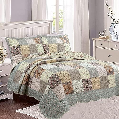 Vista 59 de Cozy Line Home Fashions - Juego de ropa de cama, edredón reversible 100% algodón, diseño floral campestre, tela de retazos, a cuadros, color rojo