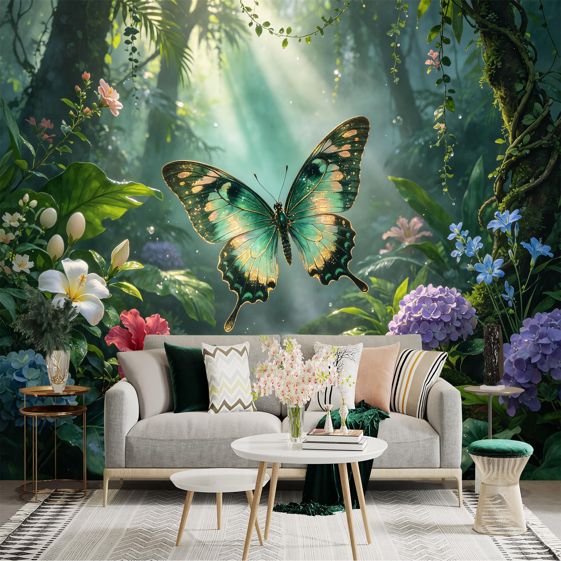 Lnzczhyre Bh260719733 Custom Size Wall Sticker Mural， Emerald Butterfly In Tropical Rainforest， Sunbeams Through Lush Foliage， Blooming Exotic Flowers， For Wall Decoration， Peelandstick Wall Decals.