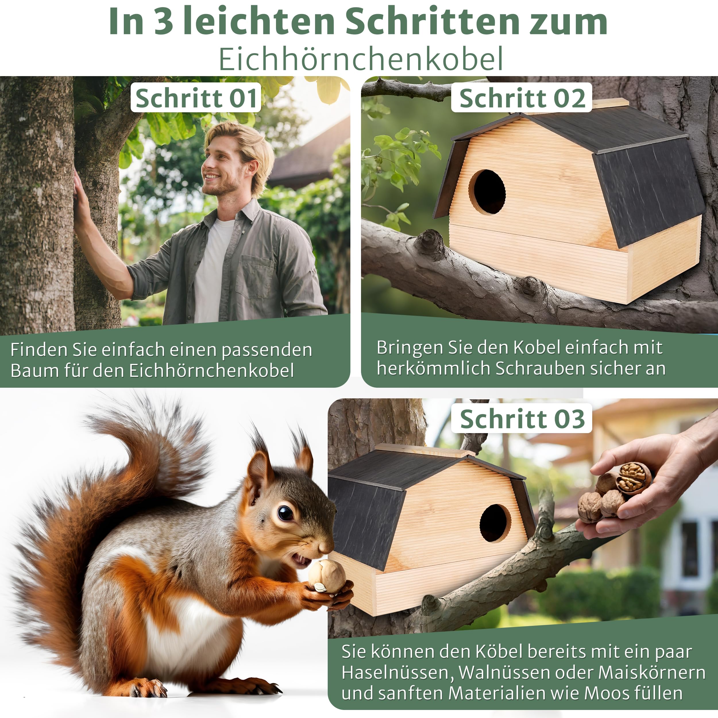 Oramics Eichhörnchen Kobel aus wetterfestem Kiefernholz mit wasserdichtem Dach aus Schiefer – Eichhörnchen Haus zum Nisten, aufziehen von Jungtieren und zum Schutz vor Wetter und Raubtieren