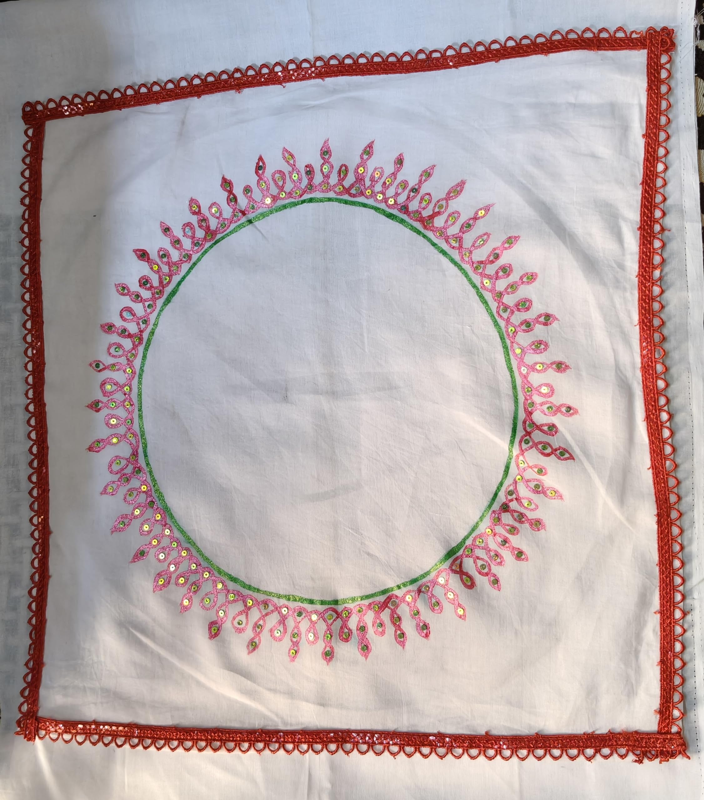 P83 Trendz Baby Footprint Cloth with Embroidered Circle Design, Sequin Work, Red Lace Border, White-image-45