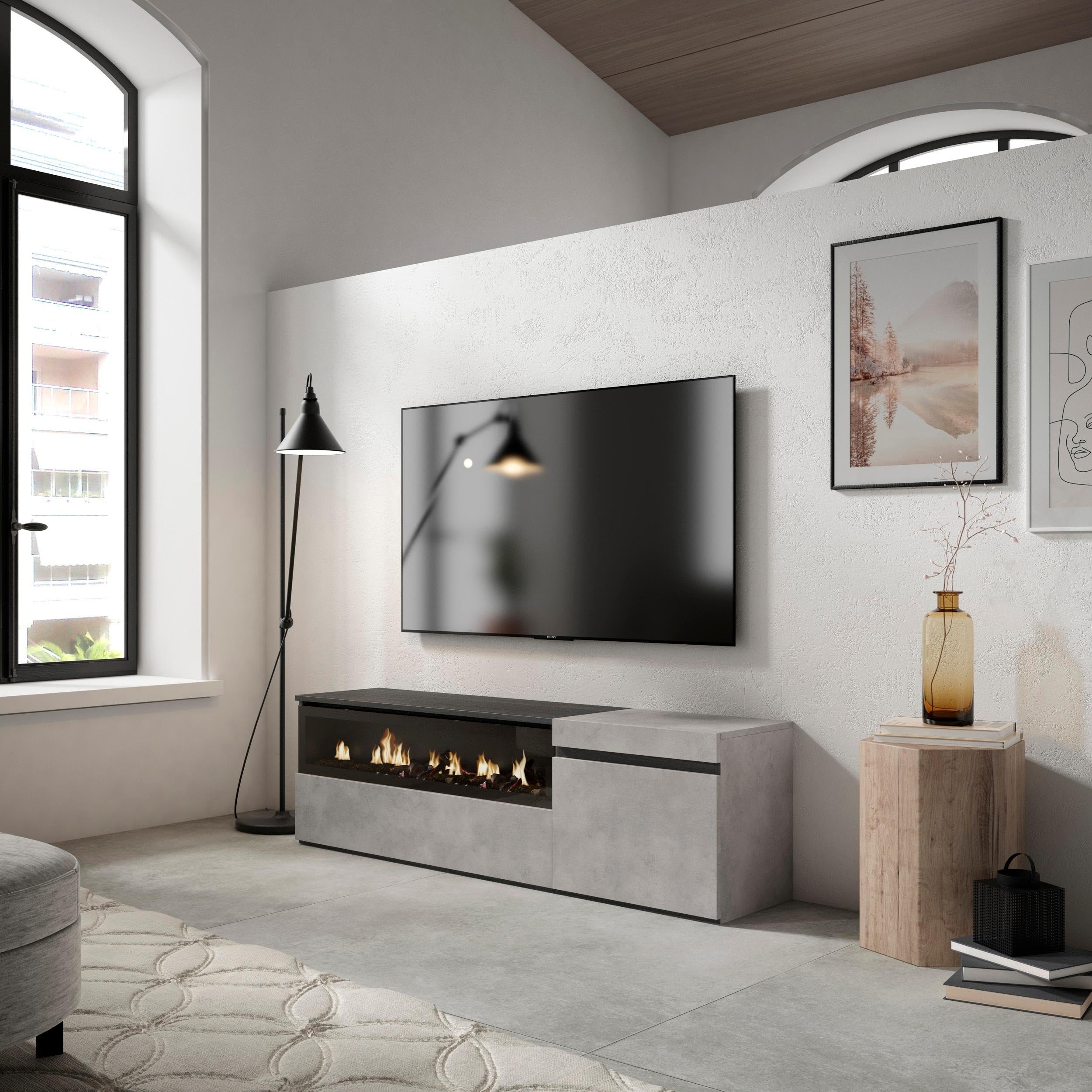 Skraut Home | Mobile TV Soggiorno | Ampio spazio a disposizione | 150x45x35cm | Per TV fino a 65" | Camino elettrico | Stile moderno | Cemento