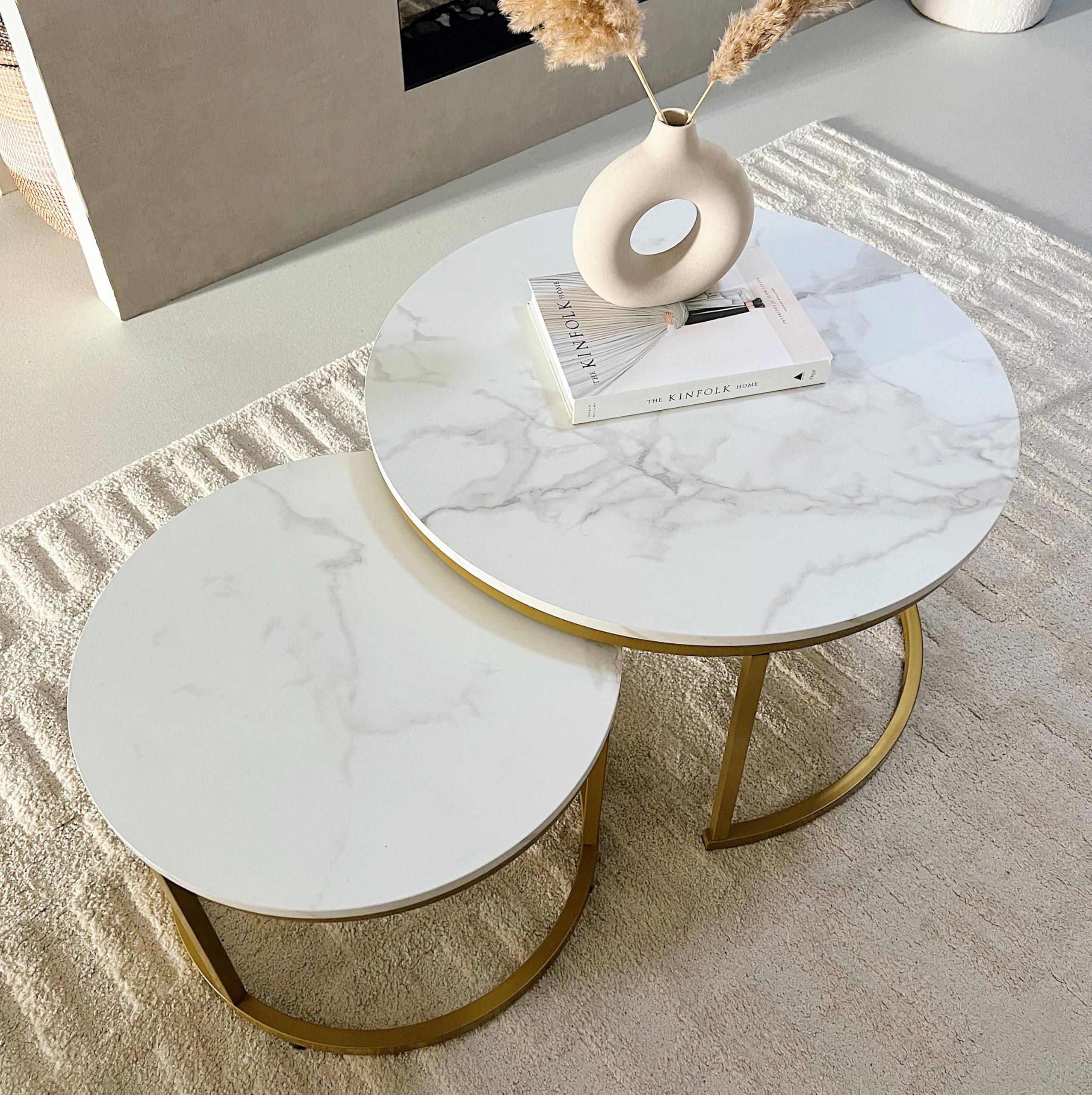 Home Heaven® Couchtisch Rund Weiss Marmor mit Gold – Runder Wohnzimmertisch 2er Set für Wohnzimmer - Ø70cm Ø50cm