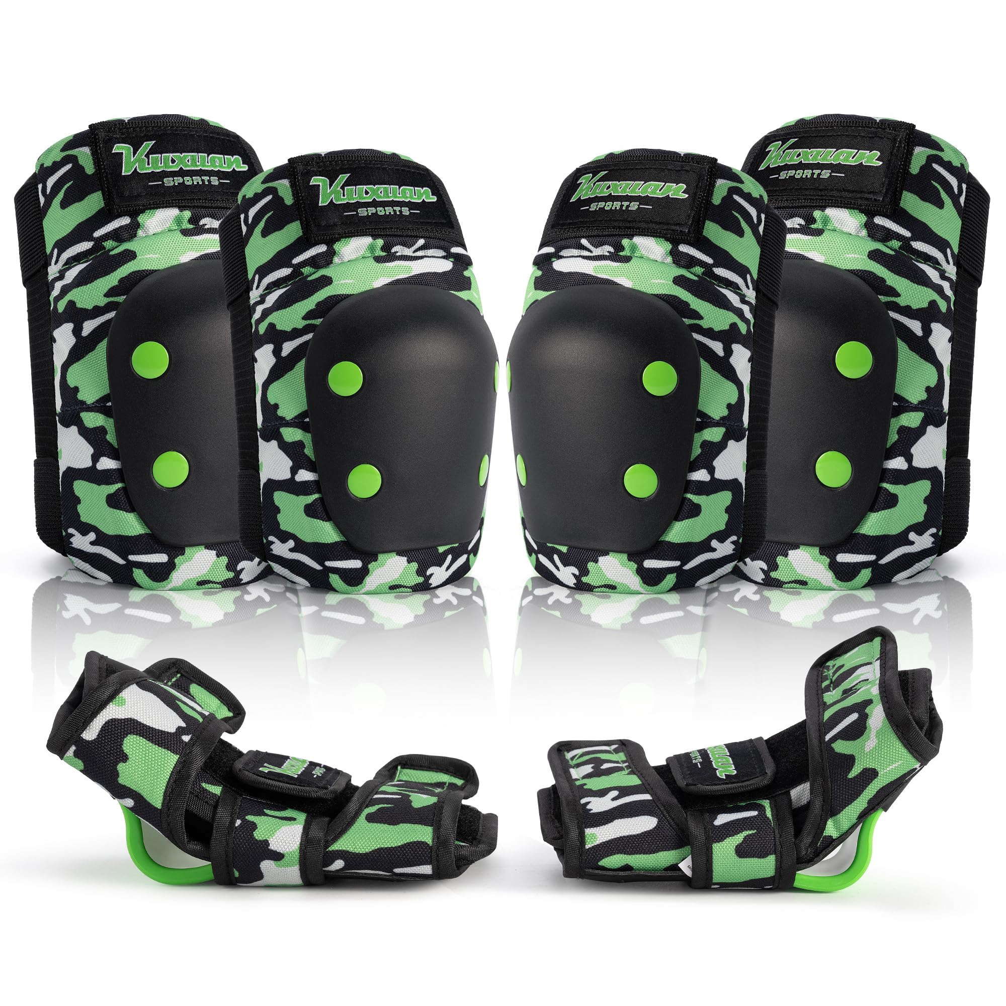 Kuxuan skates Knee Pads for Kids Youth Green Elbow Pads Wrist Guards for Girls Boys 7 in 1 Protective Gear Set with Gift Box in Skateboarding Biking Roller Skating Cycling Outdoor Sports