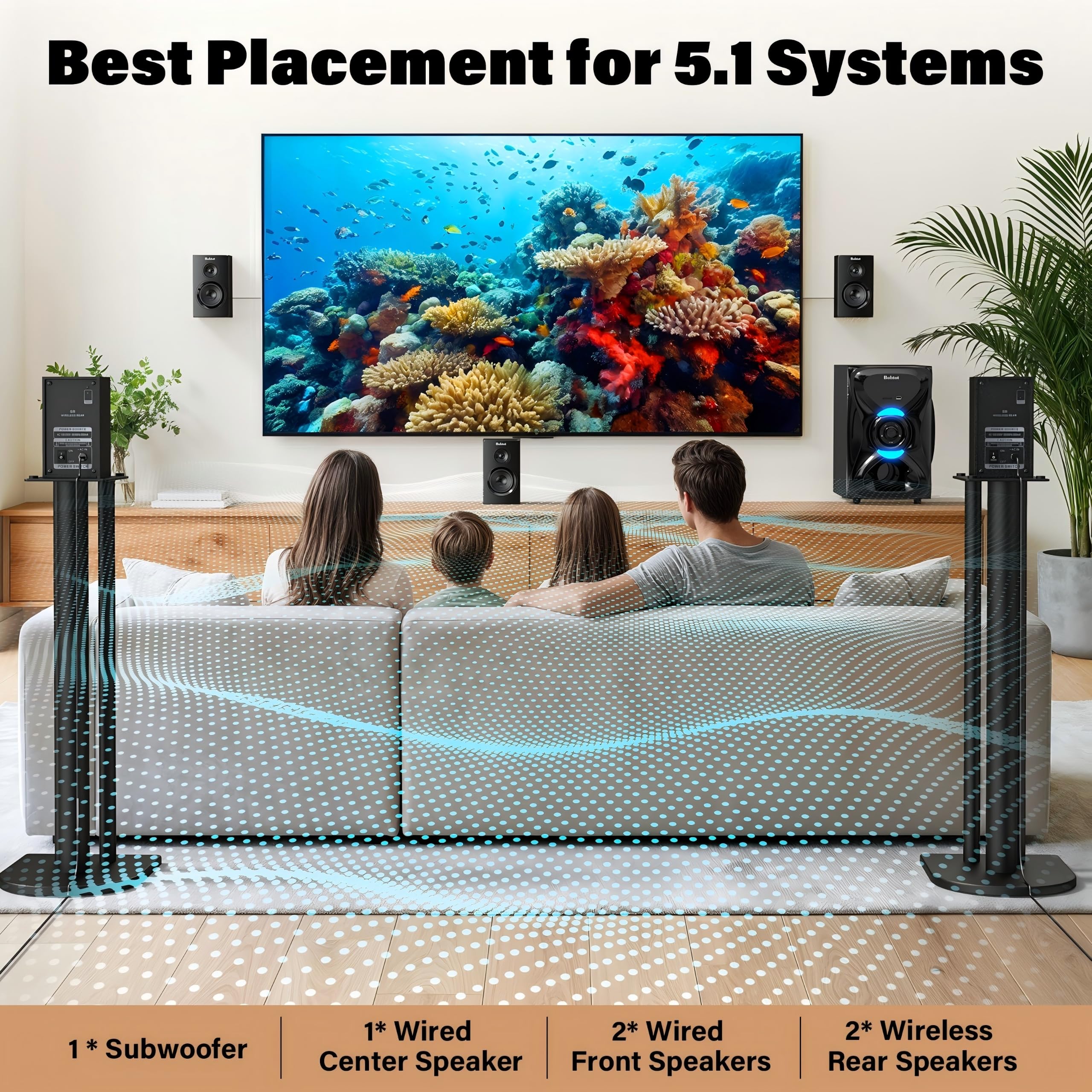 Bobtot Surround Sound Systems Haut-parleurs satellites arrière sans fil, pic 1000 W