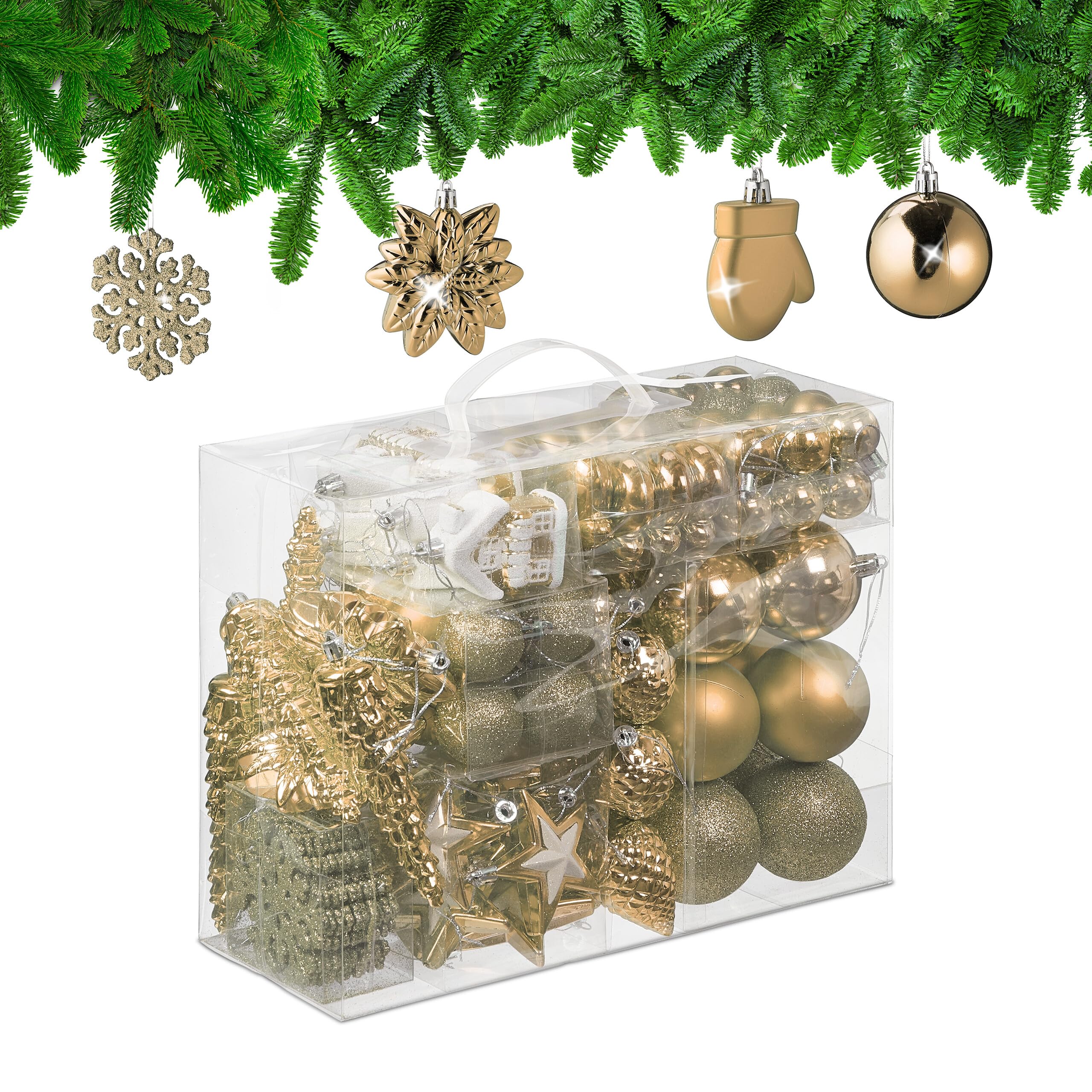 Relaxdays 100x Christmas Ornaments, Baubles, Glittering, Matte & Shiny, Tree Decorations, Plastic, 10 Designs, Champagne