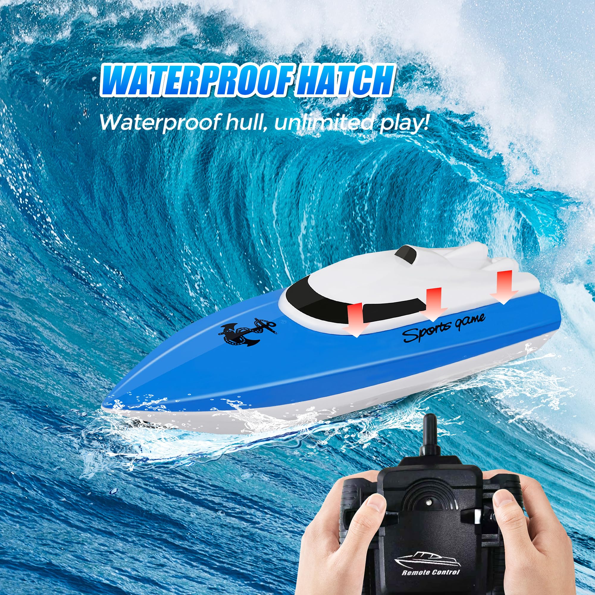 RC Boat, Remote Control Boats for Lake/Pool/Pond, 2.4 GHz High Speed Outdoor Adventure Electric Mini RC Racing Boats with Rechargeable Battery, Water Play Toy Gift for Boys&Girls-Blue