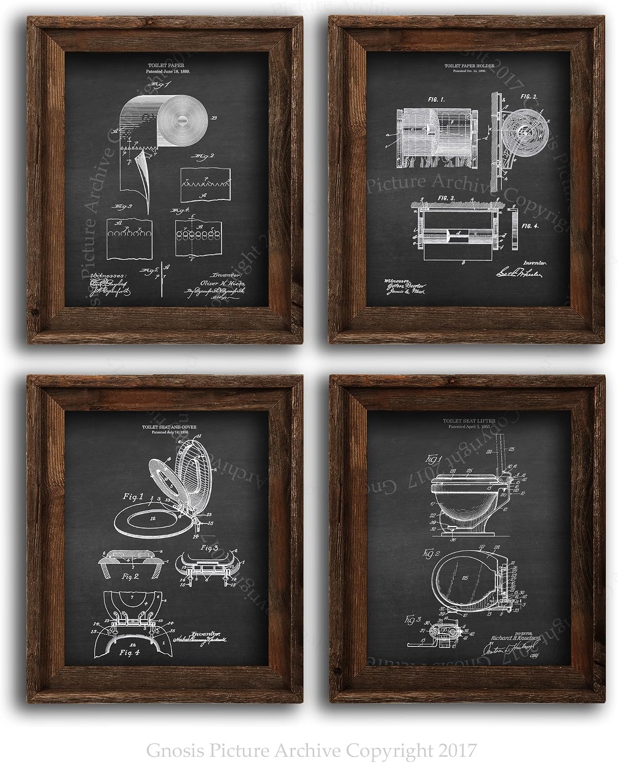 Gnosis Picture Archive Bathroom Decor Set of 4 Art Prints Unframed Toilet Paper Roll Toilet Seat Patent Diagrams