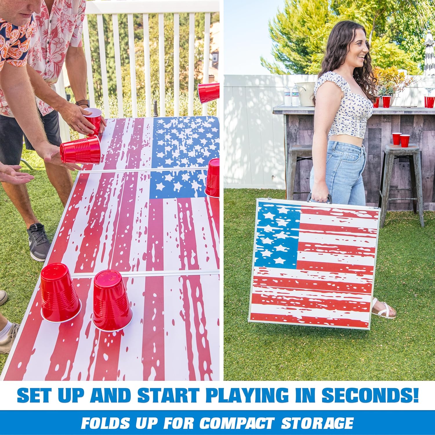 GoPong 8 Foot Portable Beer Pong/Tailgate Tables (Black, Football, American Flag, or Custom Dry Erase)