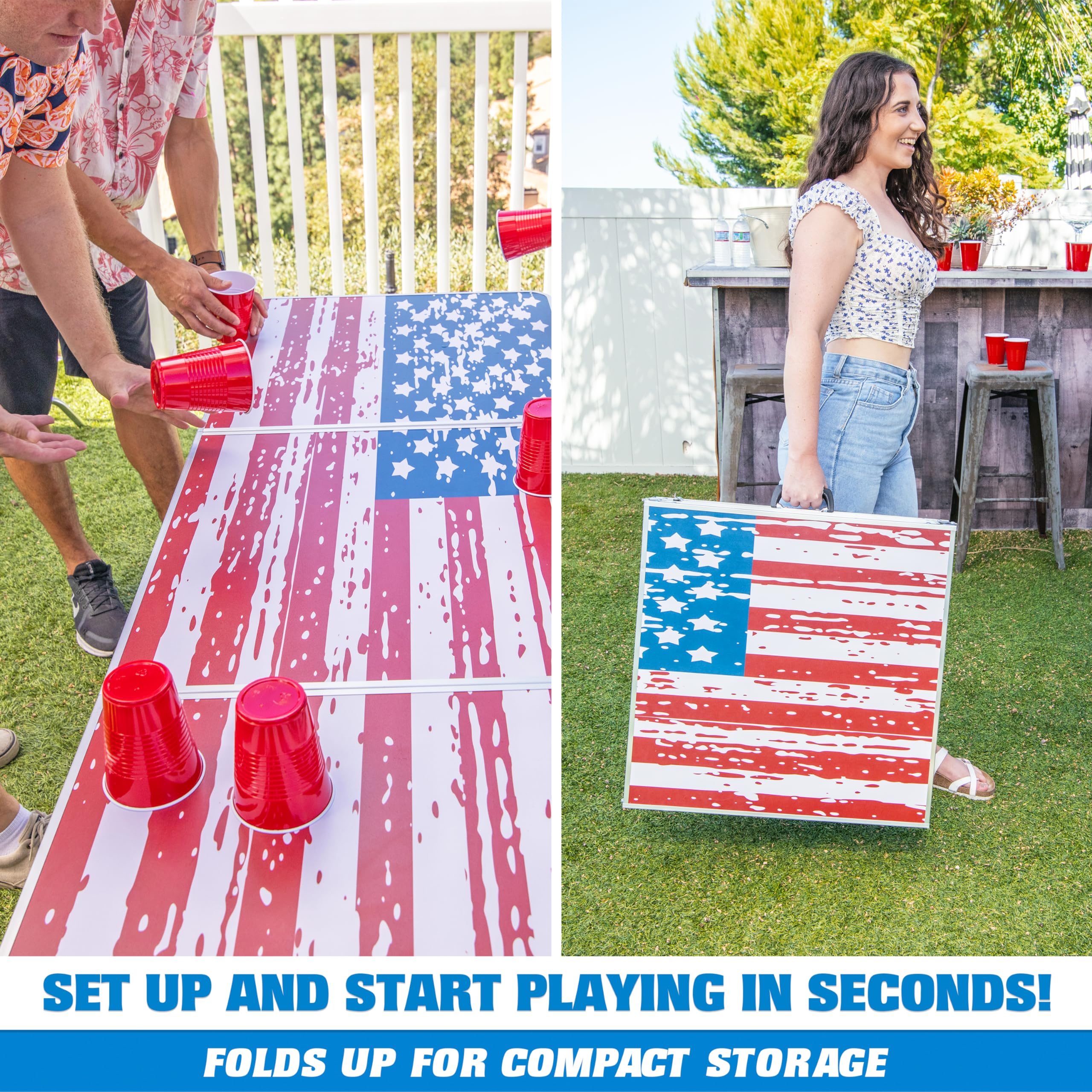 GoPong Mesas portátiles de 8 pies de Cerveza/portón Trasero (Negro, fútbol, Bandera Americana o borrado en seco Personalizado)
