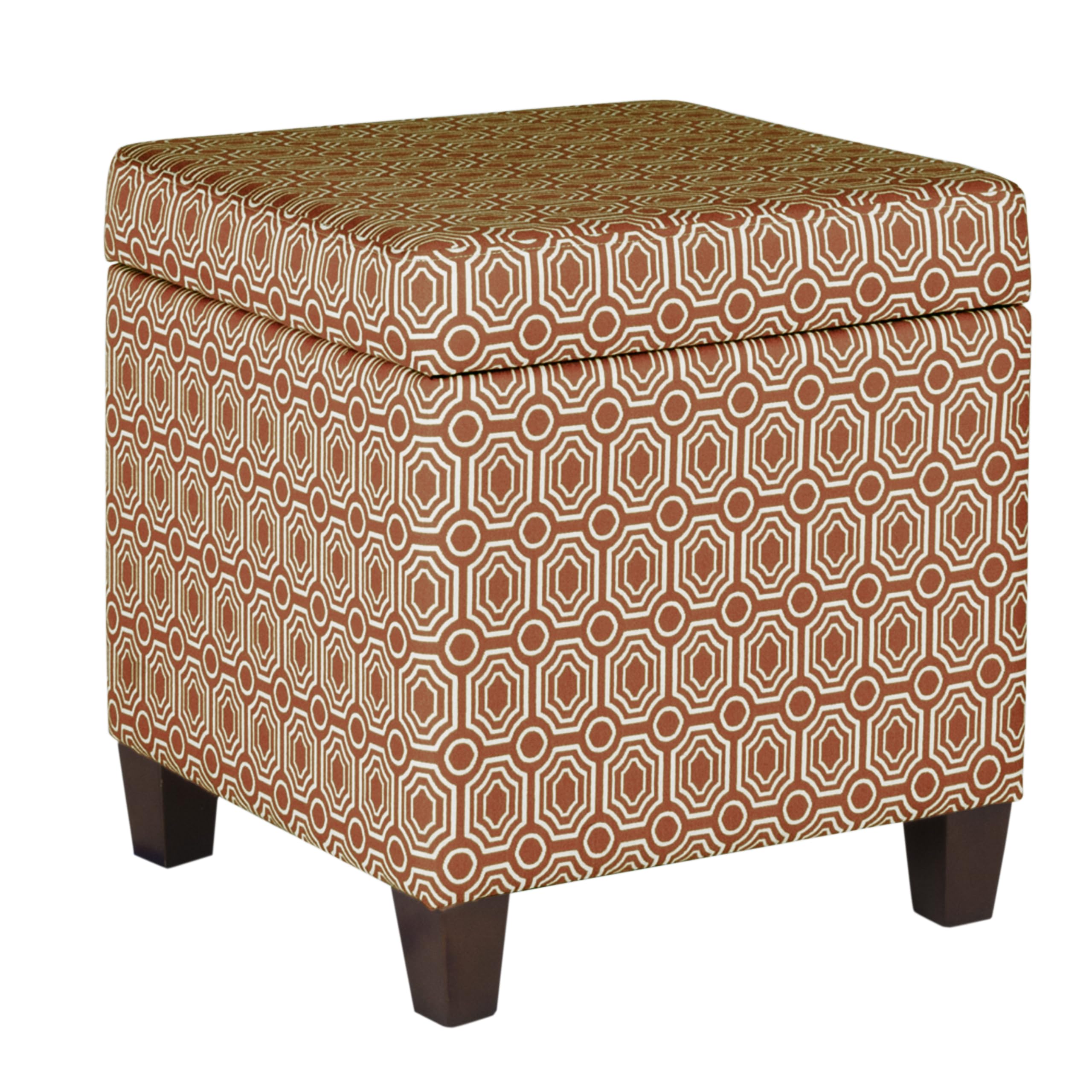 HomePop Upholstered Storage Cube Ottoman with Hinged Lid, Orange Geometric 17" x 17" x 18"
