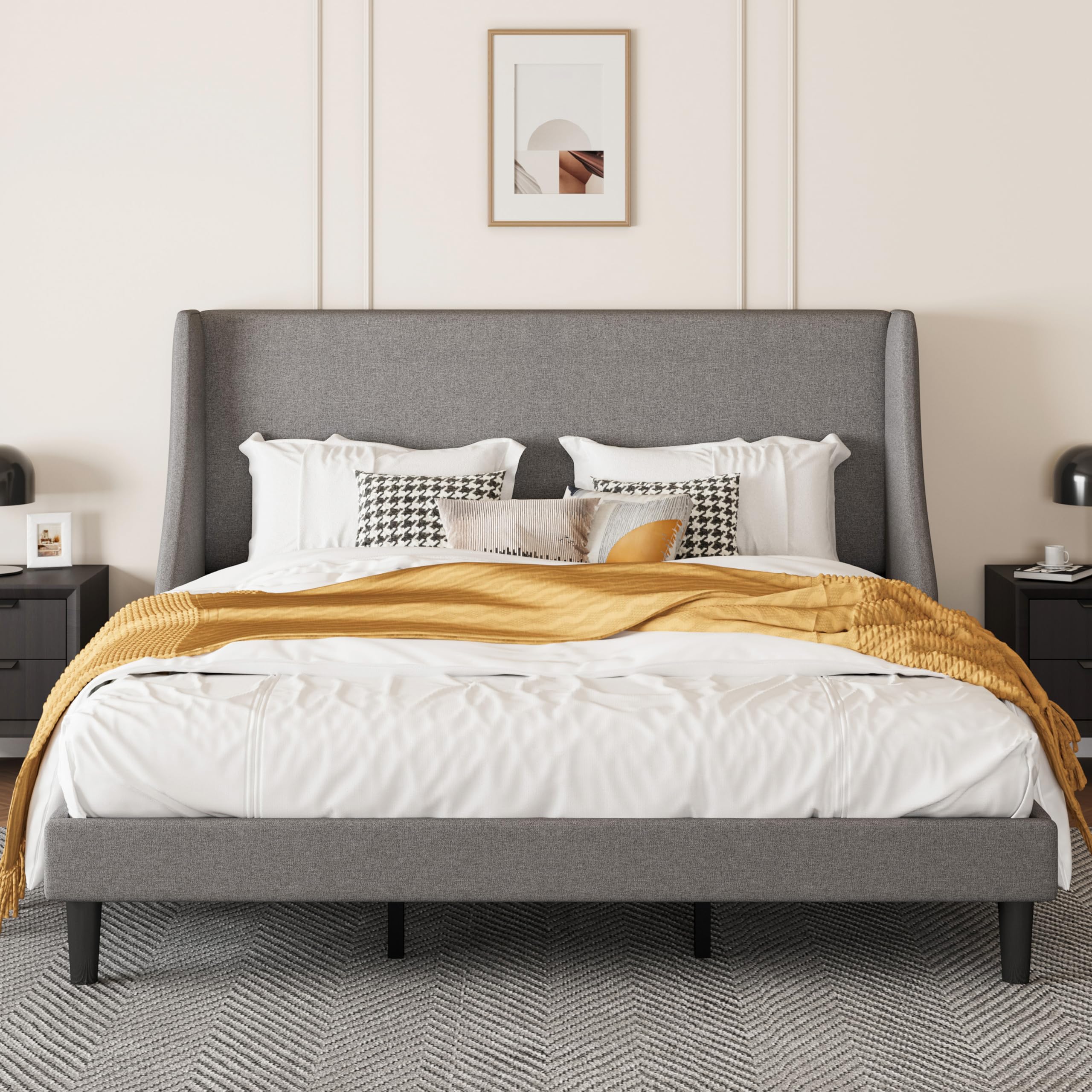 SHA CERLINUpholstered Bed Frame King Size with Streamlined Wingback Headboard, Breathable Linen Fabric, Solid Wooden Slats, Easy Assembly, Light Grey