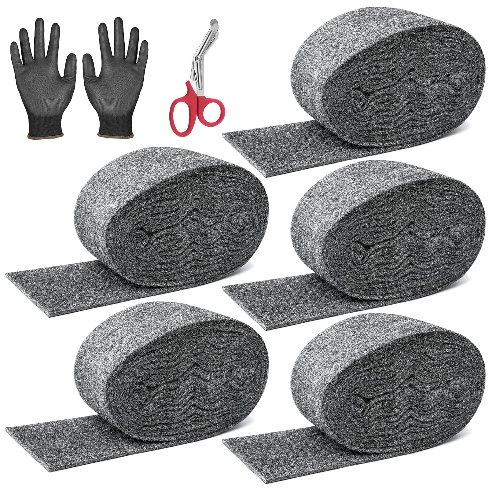 5 Pack Steel Wool Mice, 15 Meter 0000 Steel Wool Coarse Wire Gaps Blocker with Gloves & Scissors, for Cleaning, Keeps Mice & Rodents Away, Removing Paint, Varnish