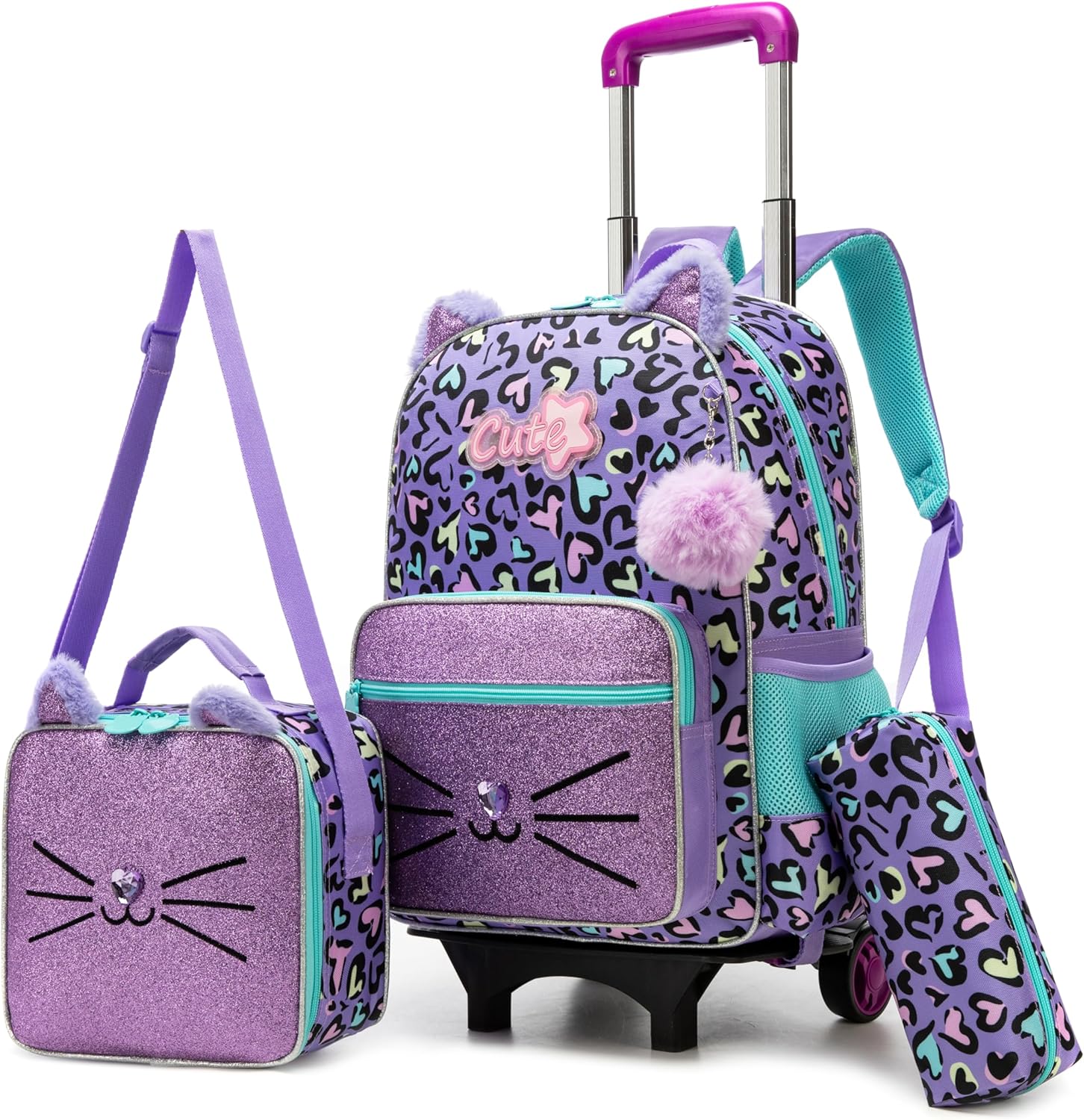 Bowknot Rolling Backpack for Girls Roller Backpacks with Wheels Kids Wheeled Sequin Suitcase Trolley Trip Luggage for Elementary Kindergarten Student with Lunch Box Pencil Case for Kids 5-12 Years Old