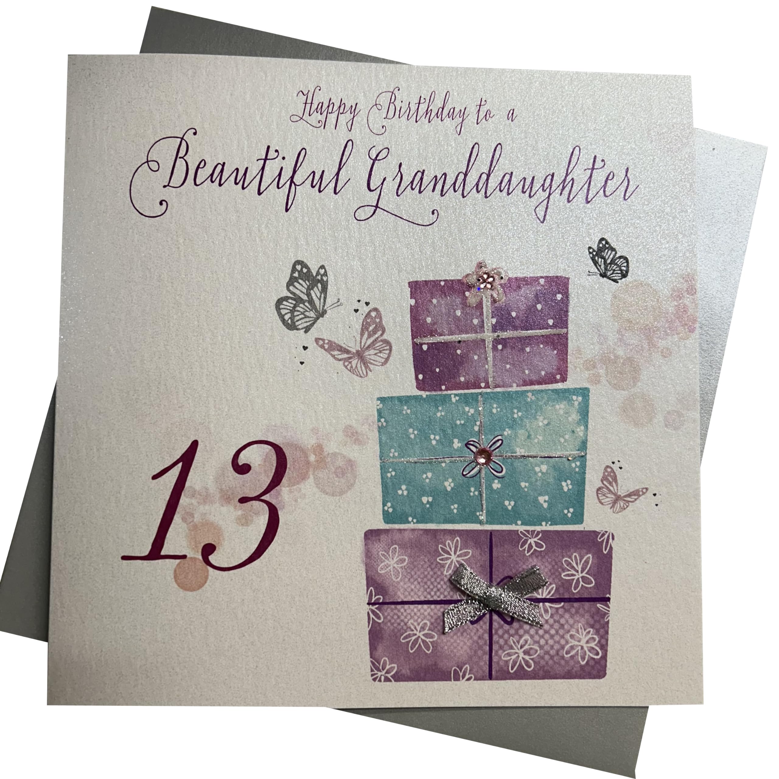 white cotton cards 1-Piece Happy Birthday To A Beautiful Granddaughter Extra-Large 13th Birthday Card, Pink Present, 22cm x 22cm