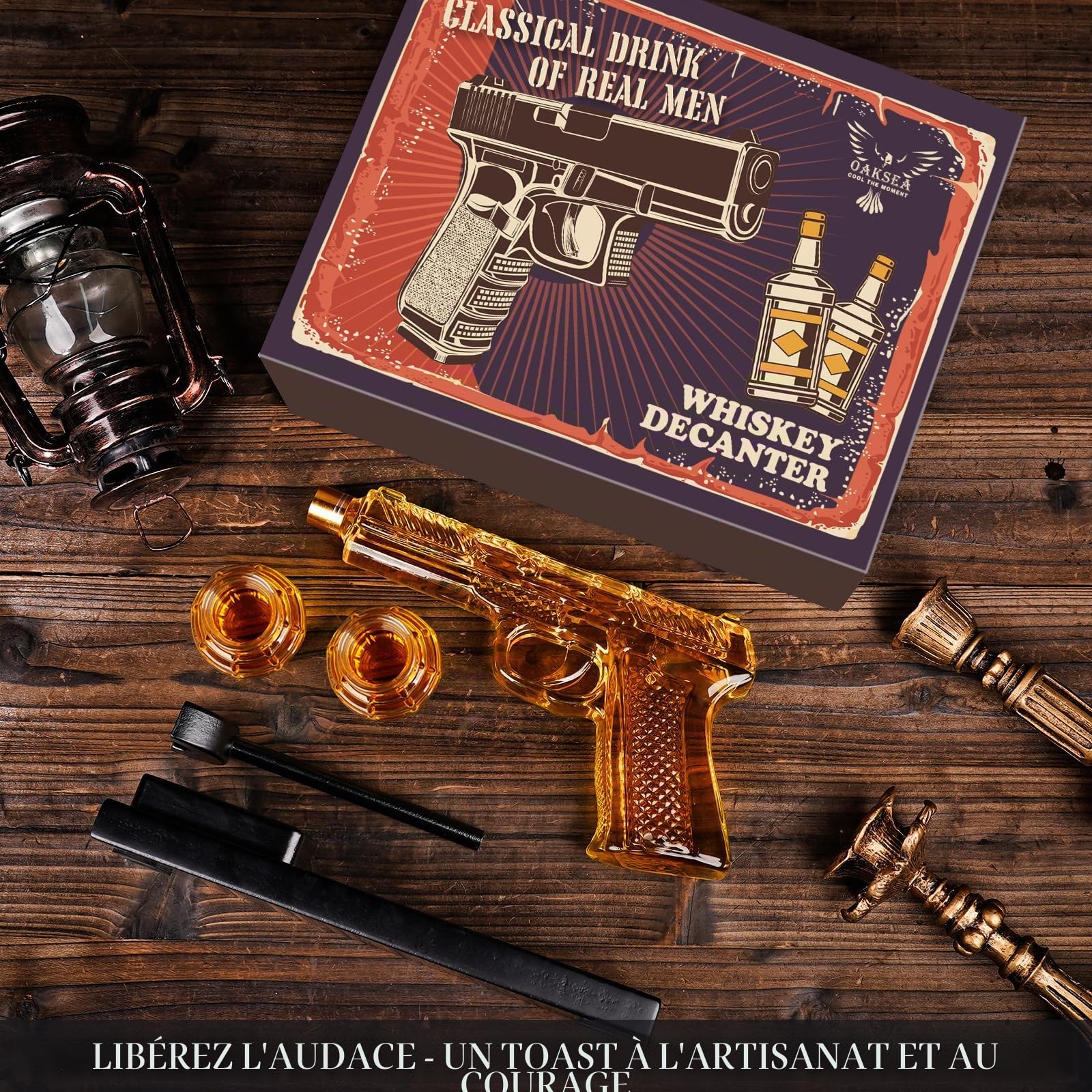 Oaksea Carafe à whisky, carafe à décanter avec 2 verres à liqueur, cadeau de whisky pour homme, fête des pères, cadeau amusant pour homme, papa, petit ami, mari, cadeau d'anniversaire