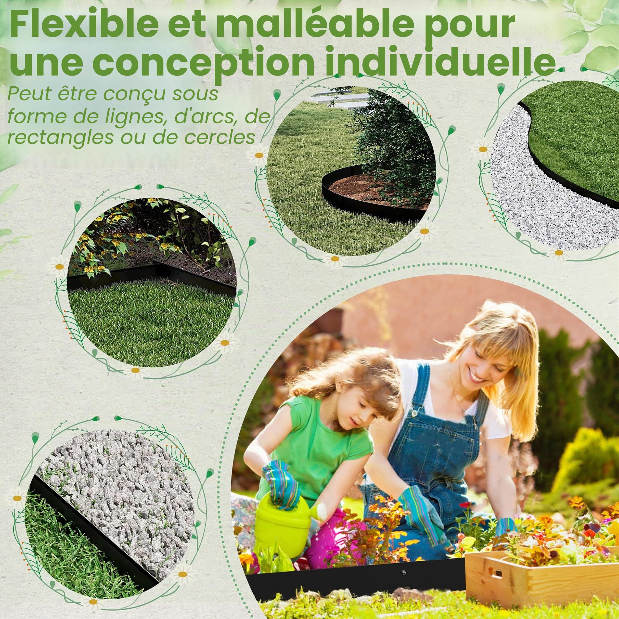 ACXIN Bordure de pelouse flexible en métal, lot de 5 pièces 100 x 10 cm, bordure de massif galvanisée avec 25 clous de fixation, bordure de jardin pour cour, jardin, ferme, couleur noire
