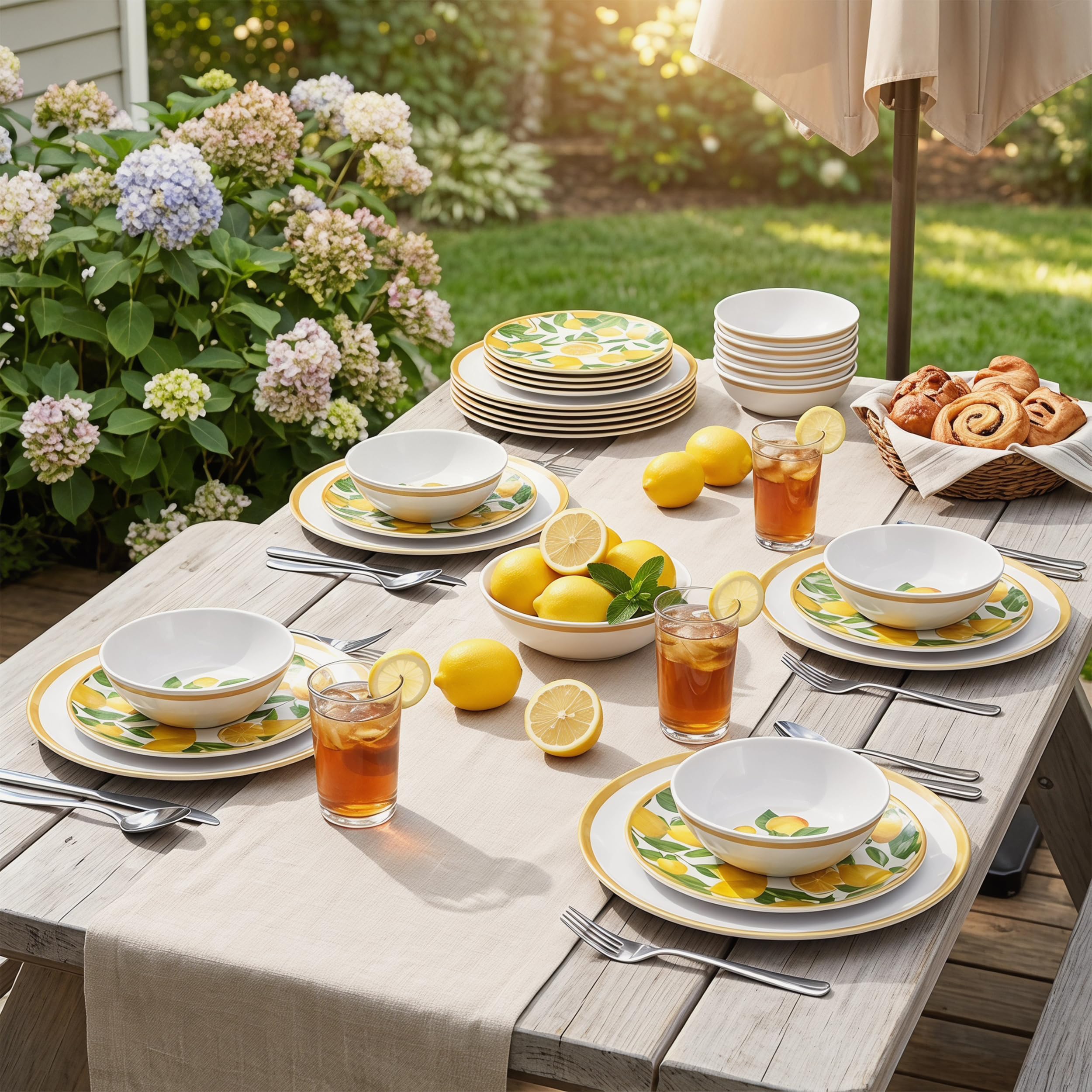Melamin-Geschirr-Set, 12-teilig für 4 Personen, Zitronen-Design, BPA-frei, für drinnen und draußen