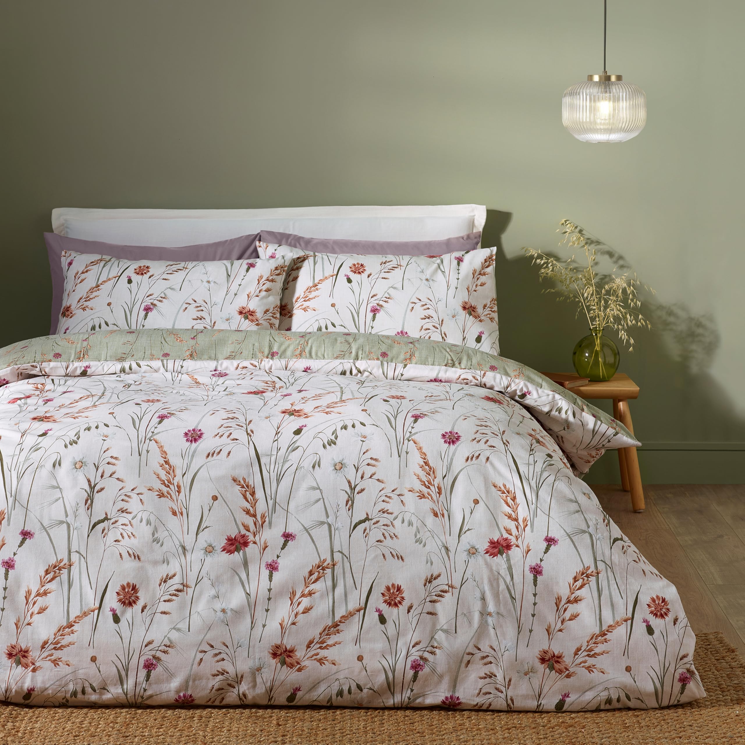 Catherine Lansfield Brushed Grasmere Floral Cotton Reversible Double Duvet Cover Set with Pillowcases Green