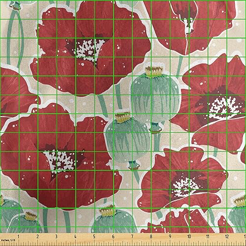 Miniatura 3 de Ambesonne The Yard, tela de flores de amapola con patrón de jardín de primavera con cápsulas de flores rojas y pequeños puntos, tela de satén