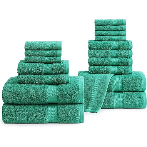 LANE LINEN 16 Pc Bath Towels - 100% Cotton Towels for Bathroom, Premium Quality Hotel Towels, Highly Absorbent Bathroom Towel Set, Super Soft, 4 Bath Towels, 4 Hand Towels, 8 Wash Cloths - Emerald