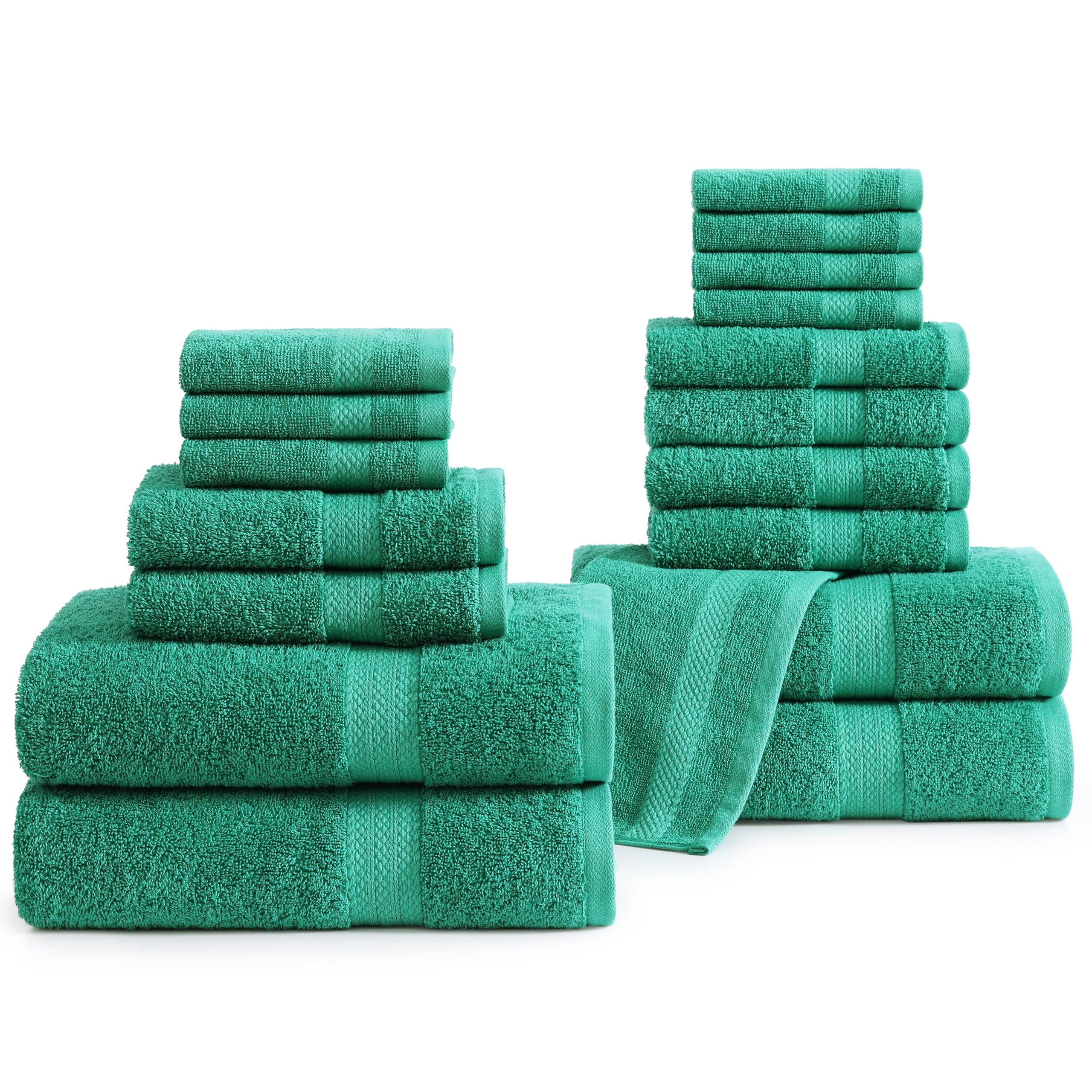 LANE LINEN 100% Cotton 16 Piece Bath Towel Set - Ring Spun, Quick Dry, Super Soft & Highly Absorbent - 4 Bath, 8 Washcloths, 4 Hand Towels for Bathroom - Hotel Quality Bathroom Towel Set - Emerald
