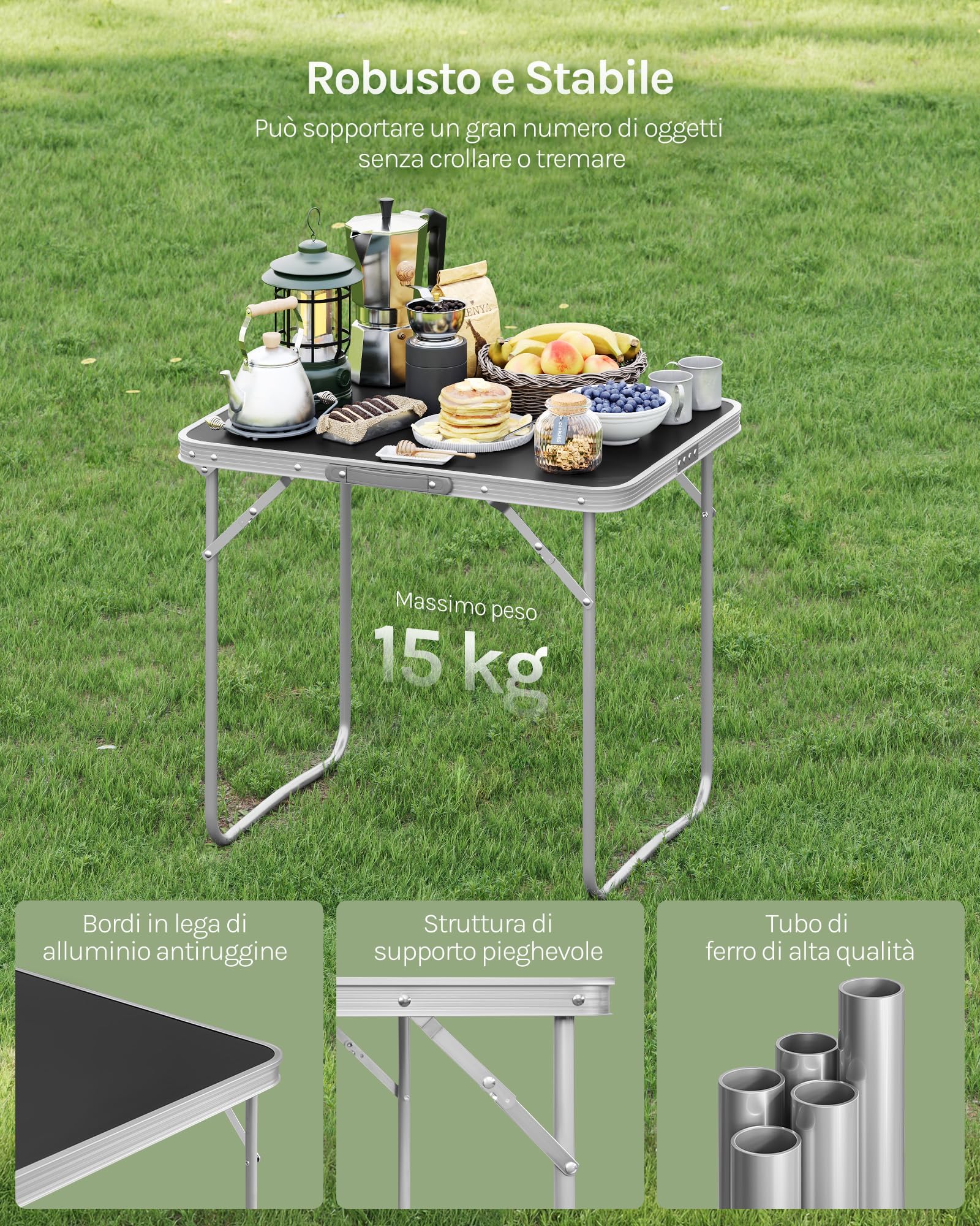 WOLTU Tavolo Campeggio Pieghevole in Alluminio e MDF 70x60x50 cm Nero