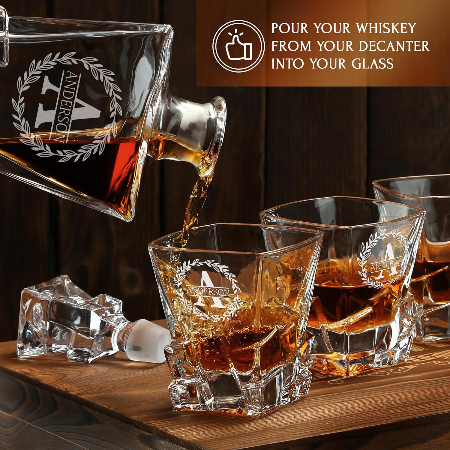 Personalized Whiskey Decanter and Glasses Set - Customized in USA Gift for Him - Men, Dad, Father, Brother, Son - Engraved 34 oz / 1000ml Rocks Whiskey Decanter, 4 Glasses in Premium Wooden Gift Box