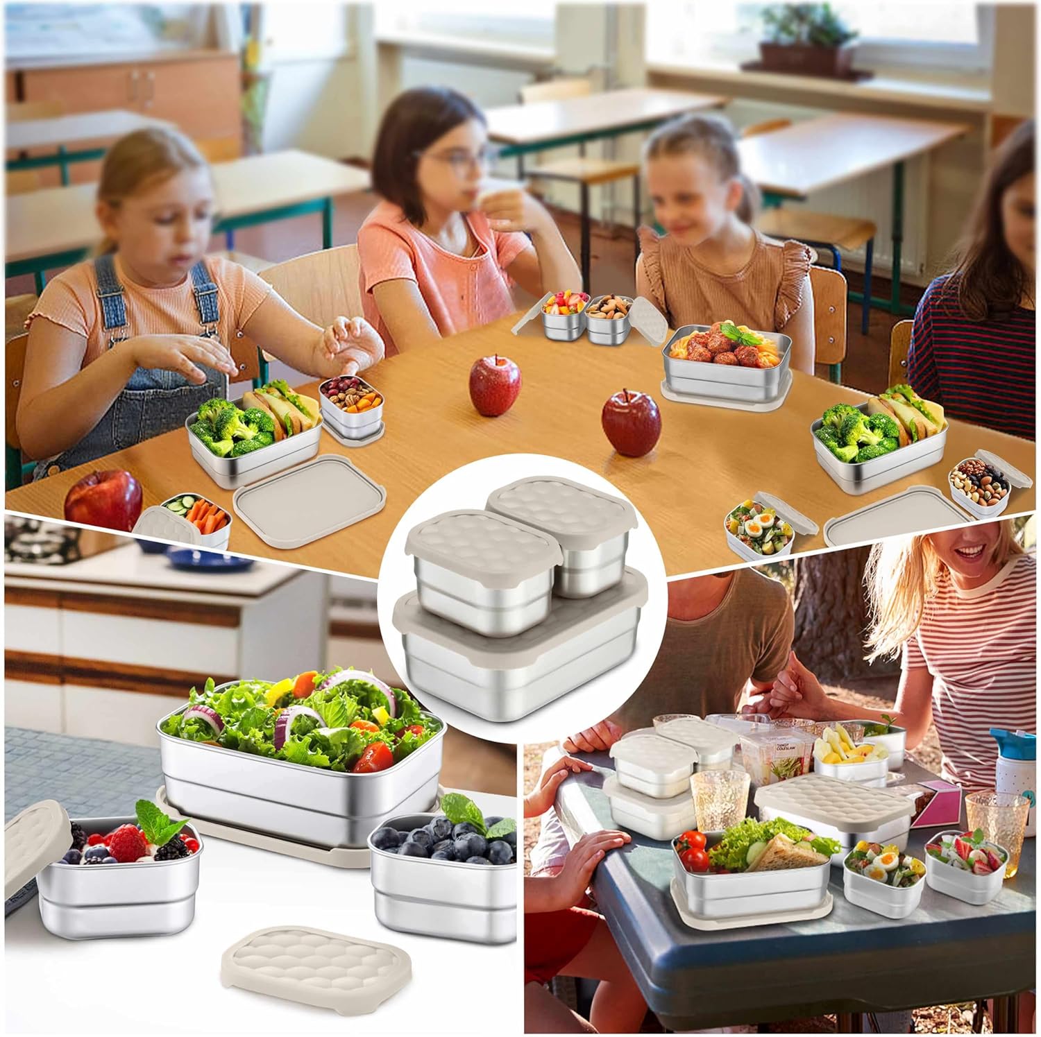 Homikit 3 Pack Kids Lunch Box Set, 18/10 Stainless Steel Bento Boxes with Silicone Lids Leak Proof, 5 Cups Reusable Metal Food Snack Containers for School Daycare, Nontoxic & Dishwasher Safe, Khaki - Image 8