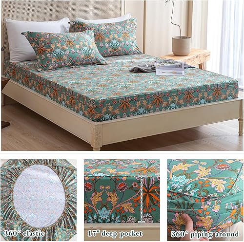 Miniatura 7 de Lady Ann Juego de sábanas 100% algodón floral tamaño King con bolsillo profundo, vibrantes flores Paisley impresas en patrón verde, sábanas de cama