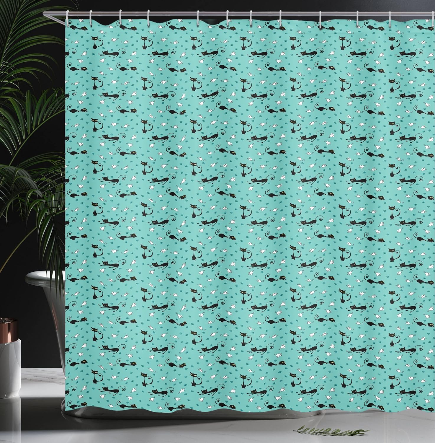Ambesonne Cat Shower Curtain, Black Cats After White Mice Mouse Paws Footprints Tracking Fun Cartoon Pattern, Cloth Fabric Bathroom Decor Set with Hooks, 69" W x 70" L, Seafoam Black White