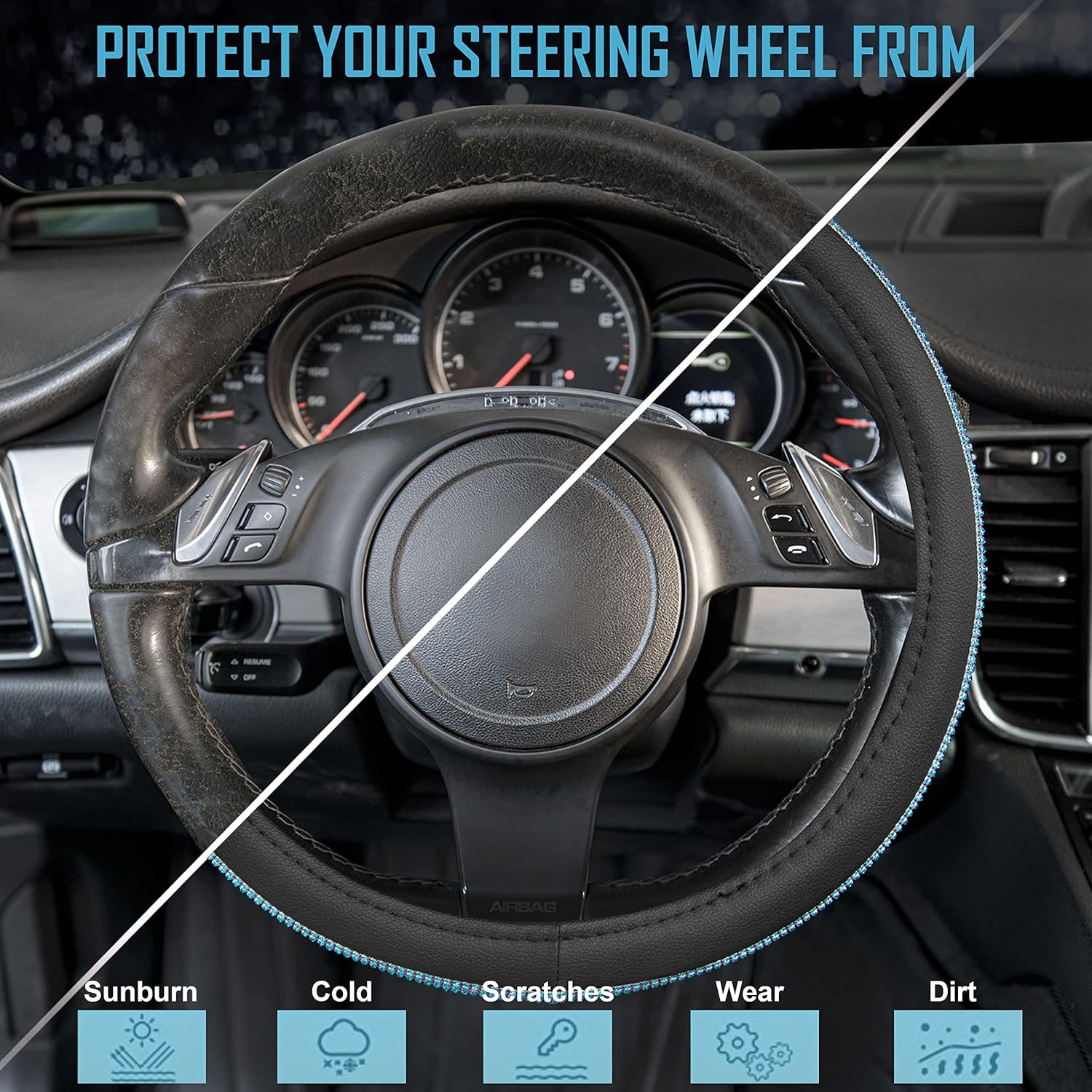CAR PASS Mint Diamond Black Leather Steering Wheel Cover, Bling Blue Crystal Rhinestones Universal Fit 14"1/2-15" Crystal Glitter for Women Sparkle Girl Fit Suvs,Vans,Sedans,Cars,Trucks, Mint Diamond - Image 6