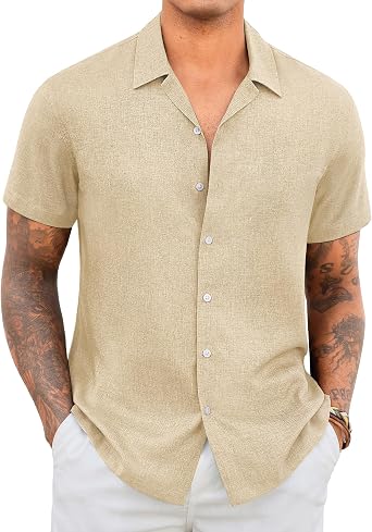 Mens Linen Shirts Short Sleeve Button Down Casual Shirt Beach Wedding Summer Shirt