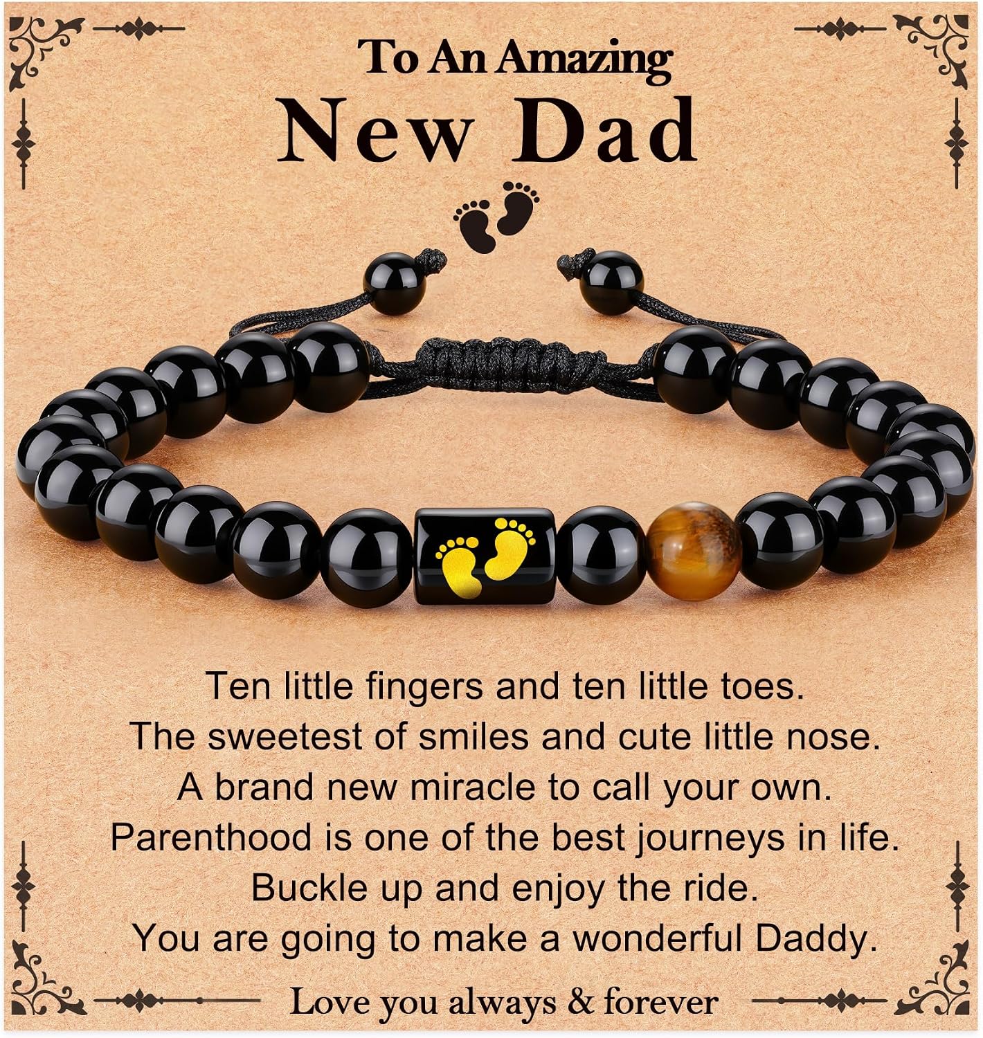 Gifts for Papa Dad New Dad Grandpa, Handmade Braided Rope Bracelet Natural Black Onyx Black Obsidian Tiger Eye Stone Beads Fathers Day Birthday Jewelry Gifts for Men