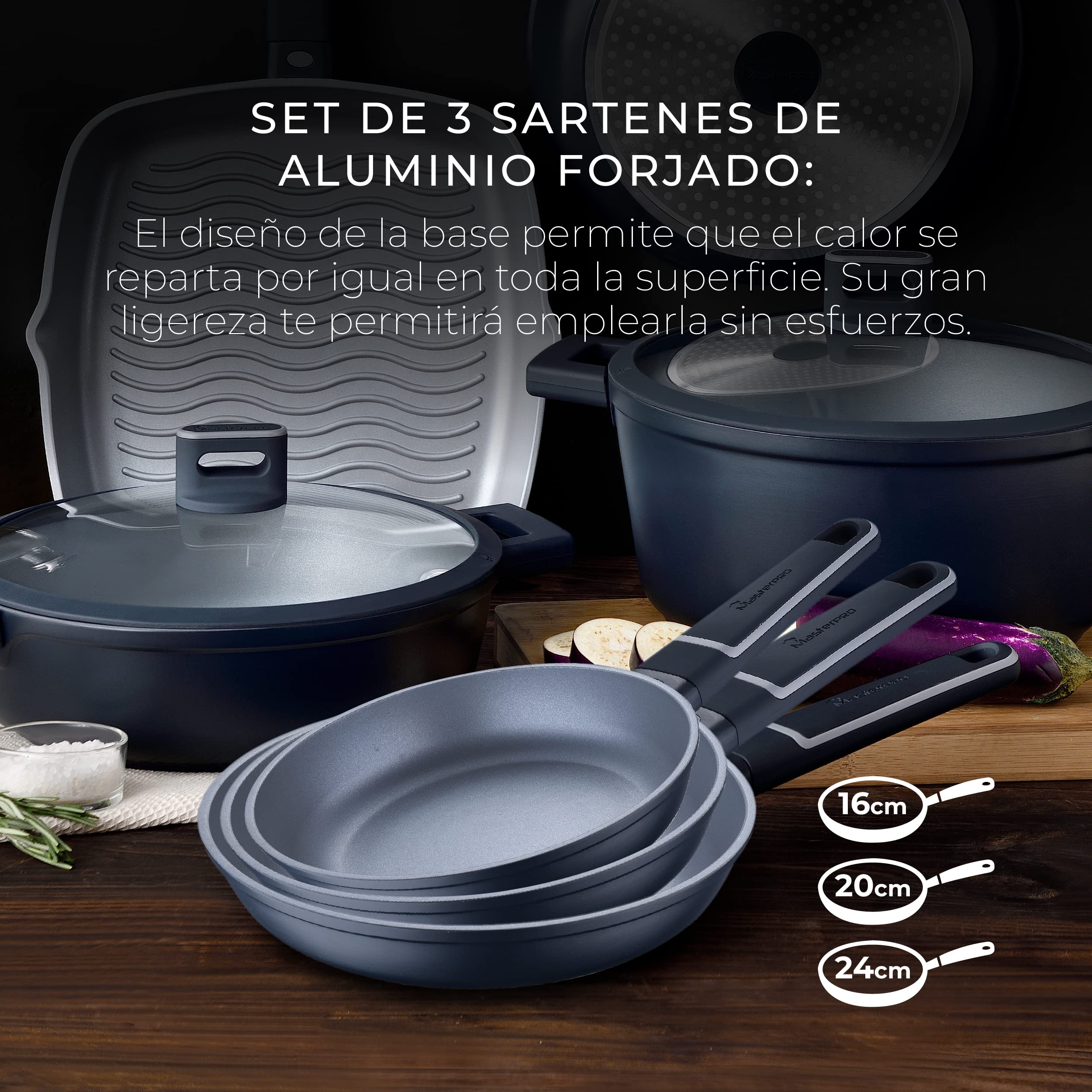 MasterPRO Indigo Sartenes Antiadherentes de 20 24 y 28 cm de Diámetro 5; 5,5 y 6 cm de Altura Fabricadas de Aluminio Fundido Revestimiento Xylan Plus Mango Soft Touch Todo Tipo de Cocinas, BGKIT-0052