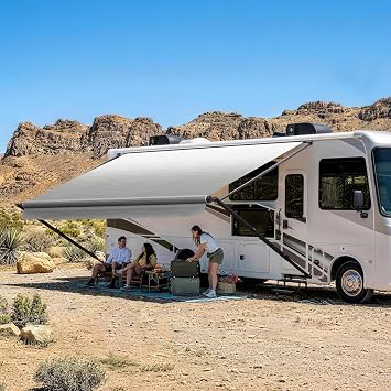 Suncode RV Awning for RV,Camper&Travel TrailersManual RV Awning Complete Kit,Manual Camper Awning,RV Roll Out Awning 18x8Ft Black Frame &Sliver Fade