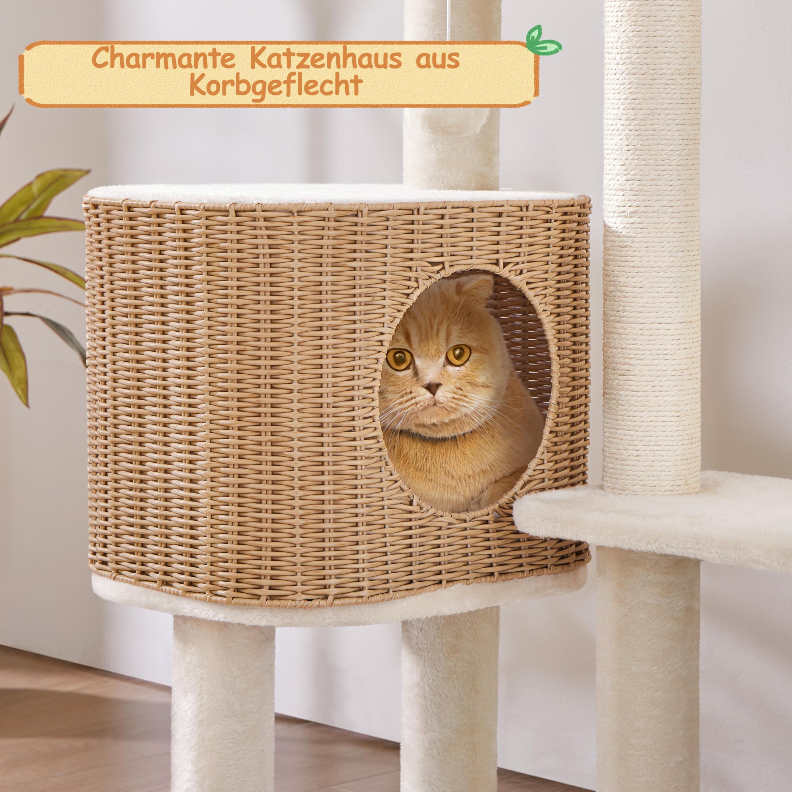 Yaheetech Árbol Rascador para Gatos Ratán Tejido a Mano 91cm Beige | Para Gatos Grandes,Cojines Lavables,Fácil montaje,Duradero, Estabilidad,Perca ancha,multifuncional,Bola colgante sustituible