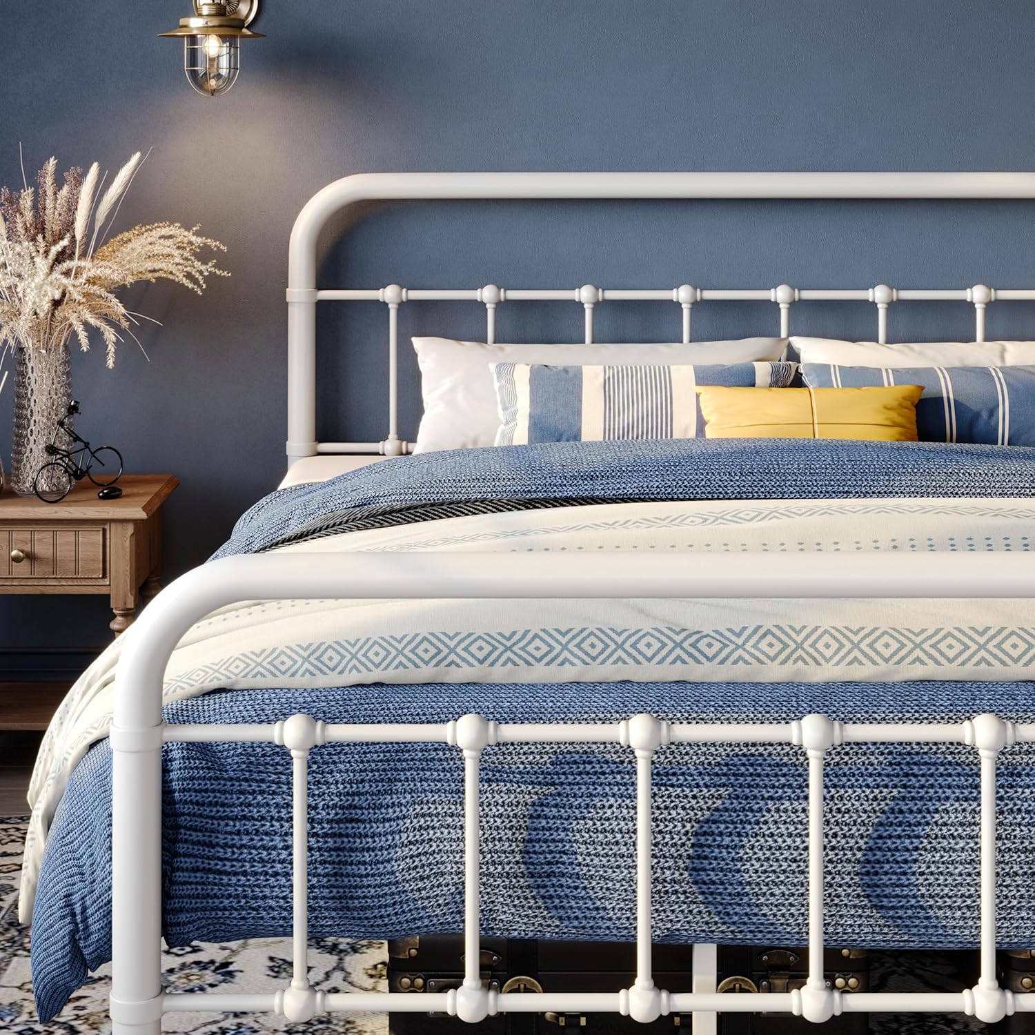 WEEWAY King Size Metal Bed Frame with Wrought Iron-Art Curved Headboard, Victorian Vintage Style Platform Bed, No Box Spring Required, White