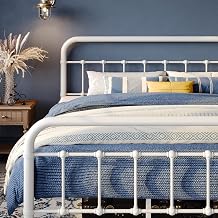 WEEWAY King Size Metal Bed Frame with Wrought Iron-Art Curved Headboard, Victorian Vintage Style Platform Bed, No Box Spring Required, White