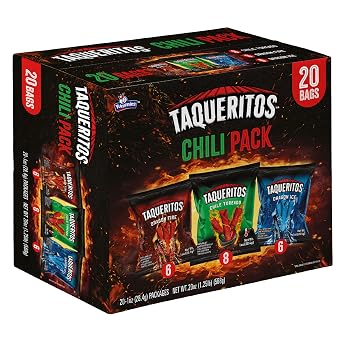 Taqueritos Rolled Chips Chili Pack, Taqueritos Variety Pack, Chile Toreado, Dragon Fire, Dragon Ice, 1 oz (Pack of 20)