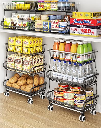 Miniatura 9 de Organizador de piso de despensa rodante de 3 niveles y carrito de almacenamiento con ruedas, cestas apilables de despensa de alambre para estantes