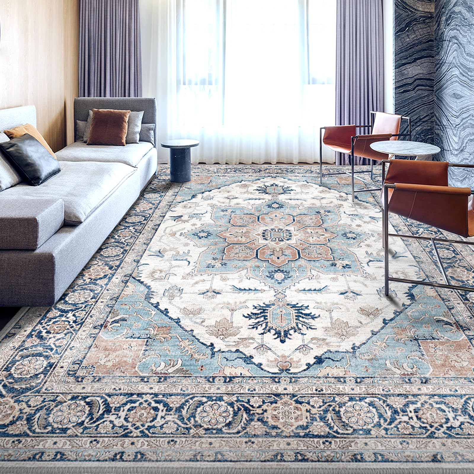 Area Rug 8x10 Rugs for Living Room 8x10 Rugs Washable Rugs 8x10 Rug Carpet for Bedroom Living Room Print Distressed Non Slip No Pile Blue