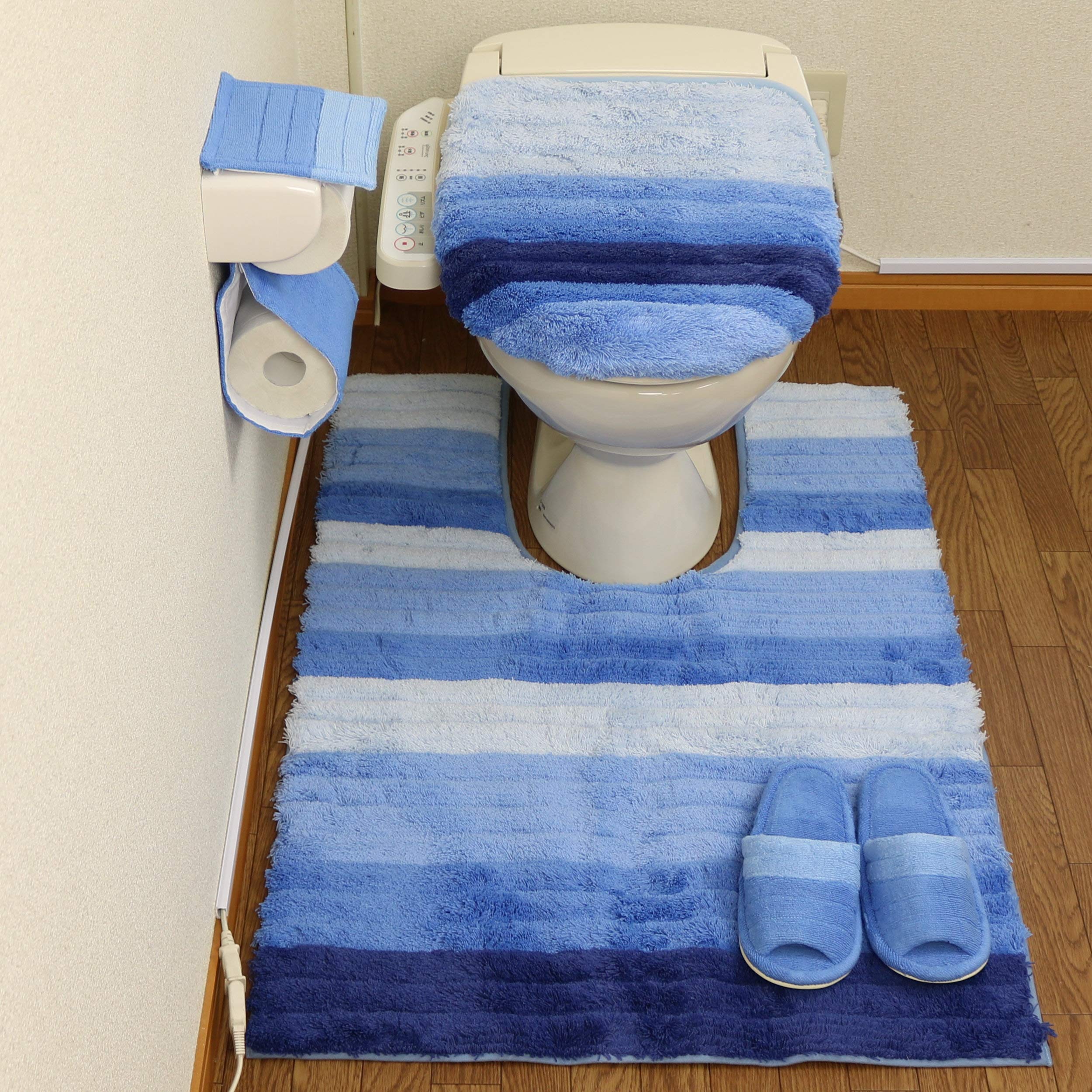 トイレマット 新品 セット 4点 耳長 ロング 吸着 ブルー