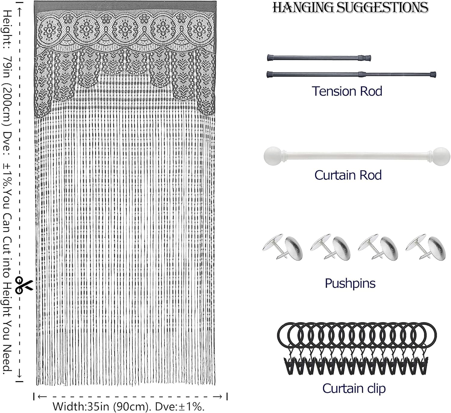 2 Pcs Macrame Lace Door String Curtain for Doorways,Room Divider Doorway Hippie Window Panel Room Divider Wall Closet Curtains for Bedroom Closet Door Drapes Decorations (35×79in/90×200cm,Grey) Grey 2