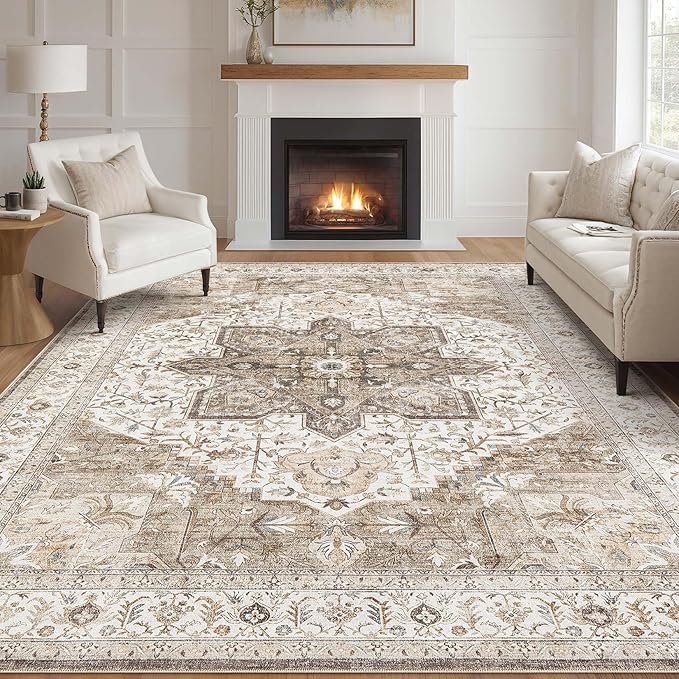 Tortania Area Rug Living Room Rugs - 9x12 Washable Boho Rug Vintage Oriental Distressed Farmhouse Large Thin Indoor Carpet for Living Room Bedroom Under Dining Table Home Office - Brown