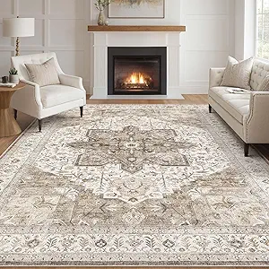 Tortania Area Rug Living Room Rugs - 9x12 Washable Boho Rug Vintage Oriental Distressed Farmhouse Large Thin Indoor Carpet for Living Room Bedroom Under Dining Table Home Office - Brown